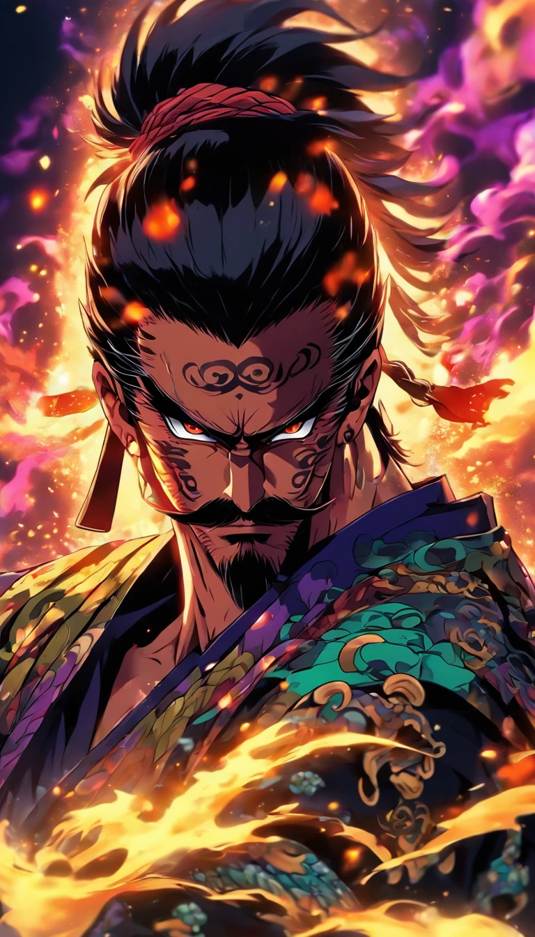 um homem com bigode, com traje samurai preto , duas catanas, uma cicatriz no olho esquerdo, Right arm with demon tattoo, Olho roxo, 8K