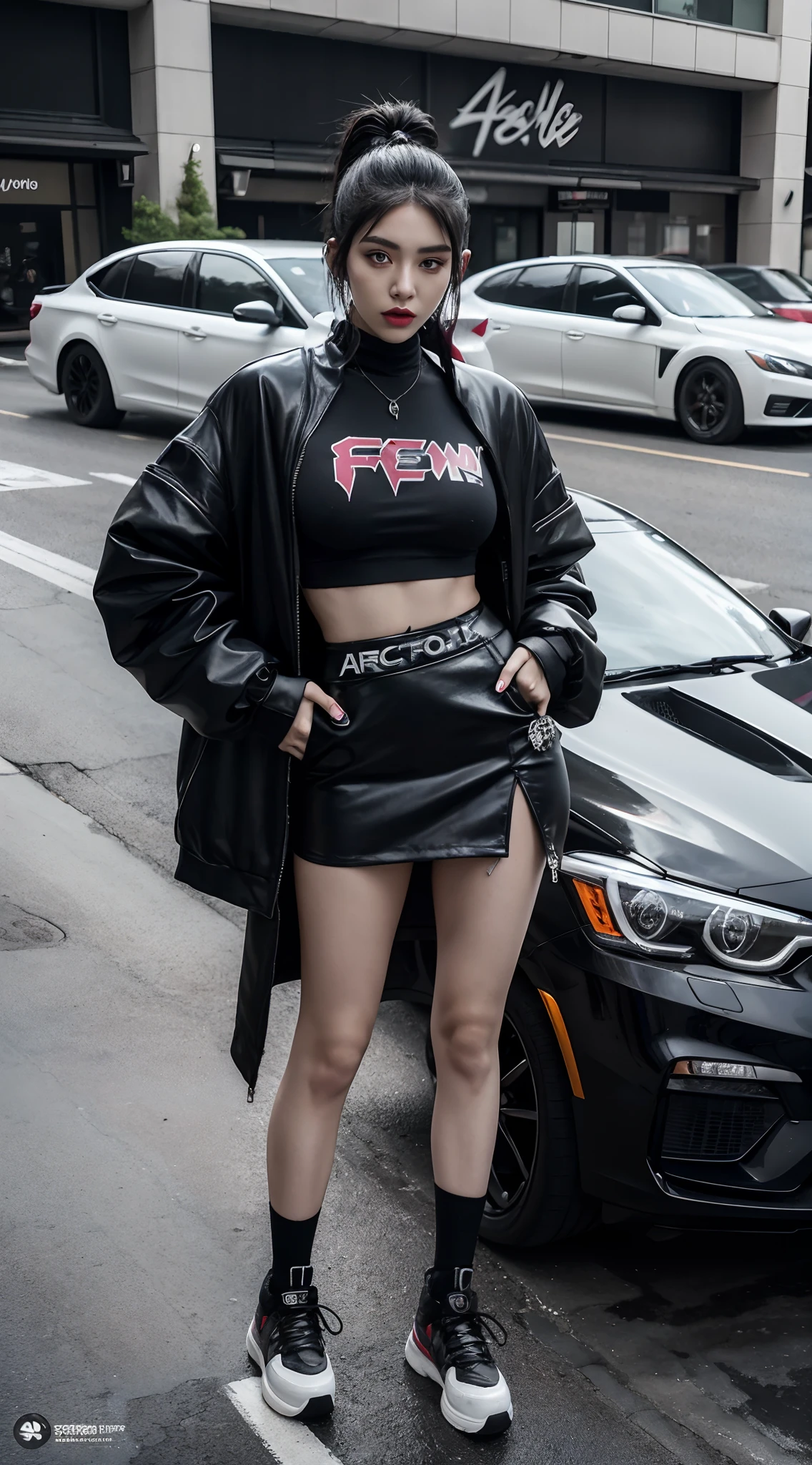 arafed woman in a short skirt leaning on a car, on a parking lot, wearing japanese techwear, soft devil queen madison beer, wearing cyberpunk streetwear, 1 7 - year - old anime goth girl, cruel korean goth girl, mall goth, cyberpunk streetwear, she is wearing streetwear, she looks like a mix of grimes, anime girl in real life