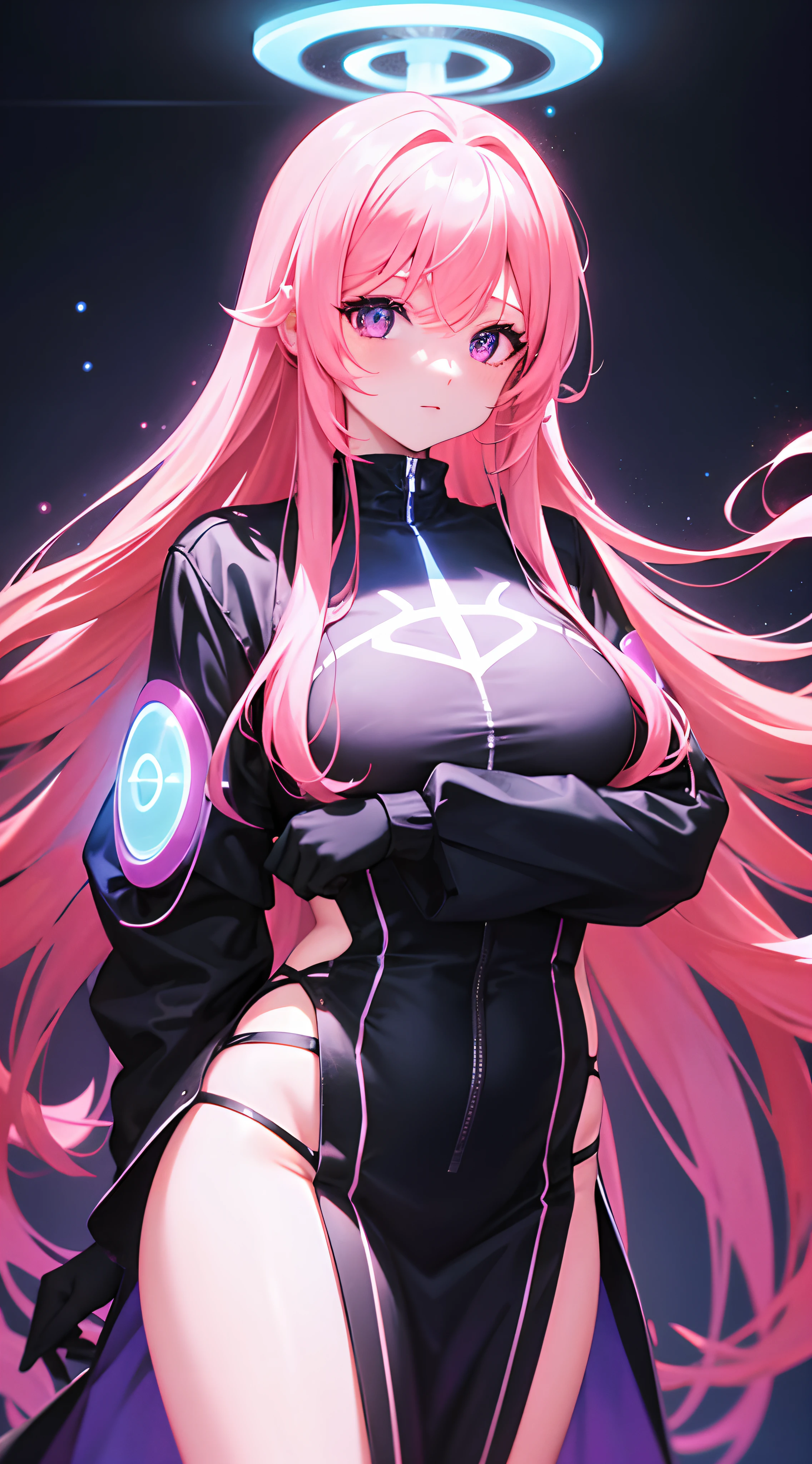 Woman with long pink hair, night time, Neon, flying saucer, kidnapping, galaxy background, neon lights, Black clothes with LED, 4k