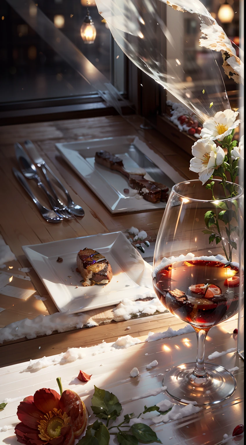 Extreme close-up，Clear，tmasterpiece，Bar，Delicious steak on the table，claret，wineglass，fruit platter，Pottery vase with flowers，Bright lights，luz de velas，It was night outside the window，There is snow on the windowsill，Winters，Translucent curtains，in the bar，C4D，Empty product display scene，Horizontal view，first person perspective，