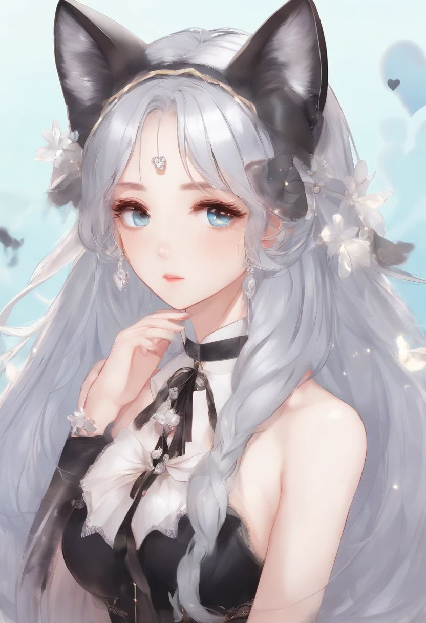 1girll,full bodyesbian,long eyelashes, Silver hair, light-blue hair, Gradient hair, hair pin, hairpin, hair ornaments, heart-shaped pupils, pink eyes, cat ears, slight smile, Shy, blusher, hearts in eyes, Anime Big Breasts, Anime style, 8K, super detaill, Best Quality, Гипер HD, Masterpiece, High Details, hiquality, Best QualityIn White Green JPOP SuitGood Quality, A  girl, Her hair is bright yellow, Slightly pastel colours, Hair is fluffy, Two fluffy ponytails ,The rest of the hair is loose to the shoulders, Also fluffy, She also has dog ears on her head, Same color as hair, but they hang down nicely, She has fair skin, kblack eyes, with white hearts in the eye, She's very cute, Dressed in a black sundress, The character is made in the style of gacha kyut, Over Orange, simple , Lola, Very cute