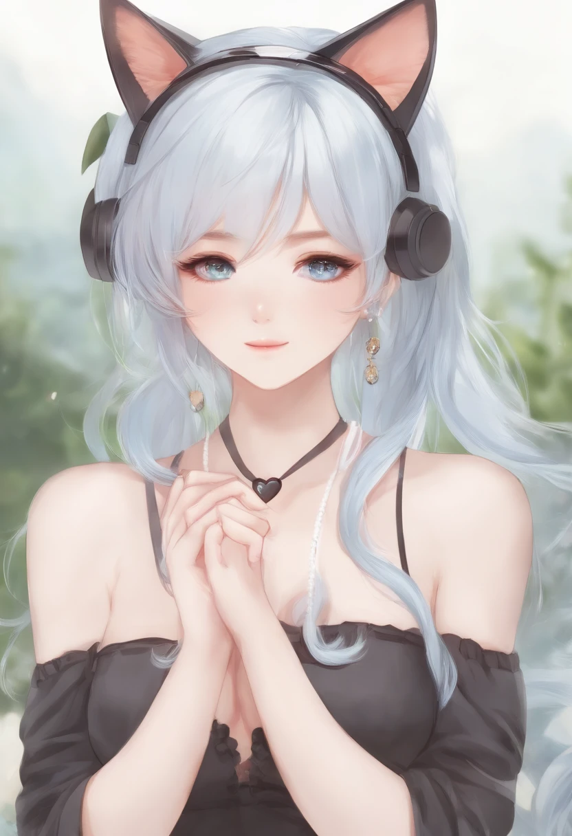 1girll,full bodyesbian,long eyelashes, Silver hair, light-blue hair, Gradient hair, hair pin, hairpin, hair ornaments, heart-shaped pupils, pink eyes, cat ears, slight smile, Shy, blusher, hearts in eyes, Anime Big Breasts, Anime style, 8K, super detaill, Best Quality, Гипер HD, Masterpiece, High Details, hiquality, Best QualityIn White Green JPOP SuitGood Quality, A girl, Her hair is bright yellow, Slightly pastel colours, Hair is fluffy, Two fluffy ponytails ,The rest of the hair is loose to the shoulders, Also fluffy, She also has dog ears on her head, Same color as hair, but they hang down nicely, She has fair skin, kblack eyes, with white hearts in the eye, She's very cute, Dressed in a black sundress, The character is made in the style of gacha kyut, Over Orange, simple , Lola, Very cute