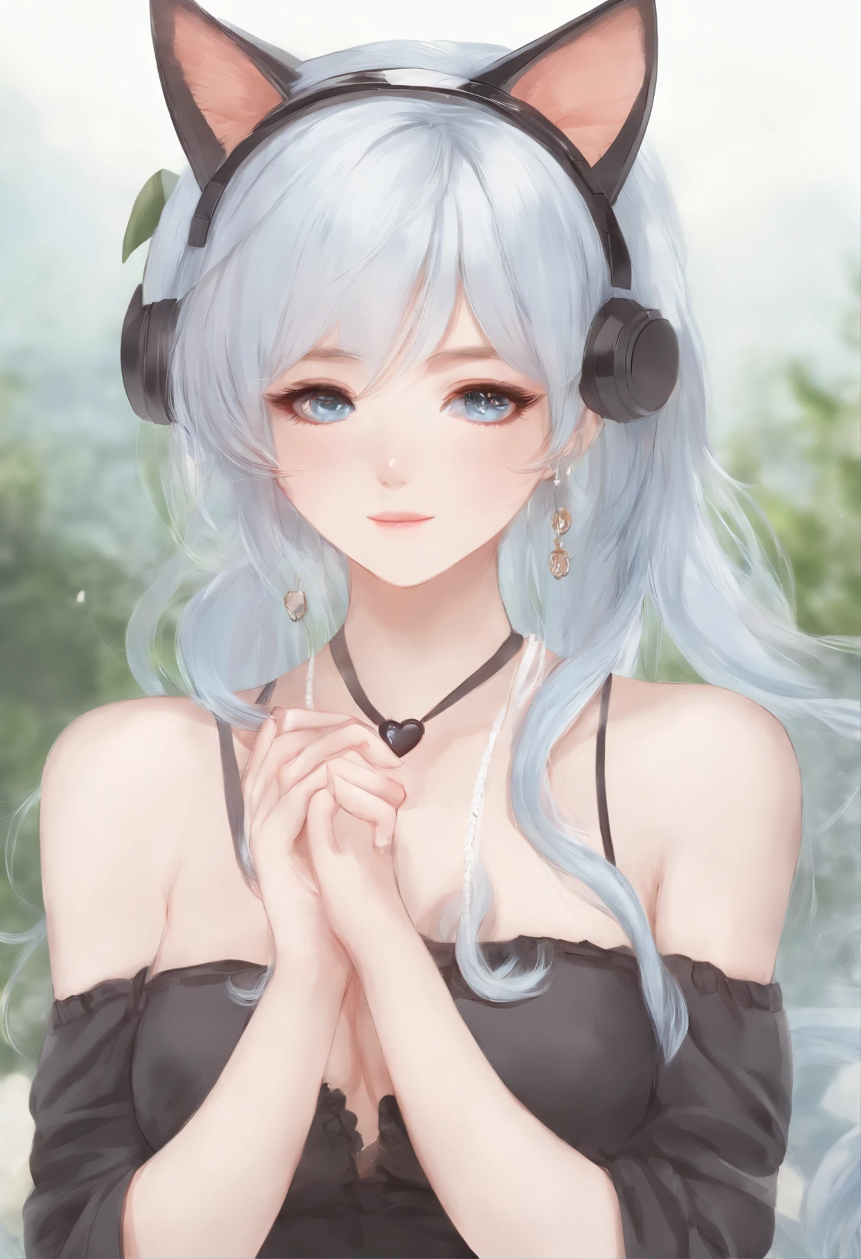 1girll,full bodyesbian,long eyelashes, Silver hair, light-blue hair, Gradient hair, hair pin, hairpin, hair ornaments, heart-shaped pupils, pink eyes, cat ears, slight smile, Shy, blusher, hearts in eyes, Anime Big Breasts, Anime style, 8K, super detaill, Best Quality, Гипер HD, Masterpiece, High Details, hiquality, Best QualityIn White Green JPOP SuitGood Quality, A girl, Her hair is bright yellow, Slightly pastel colours, Hair is fluffy, Two fluffy ponytails ,The rest of the hair is loose to the shoulders, Also fluffy, She also has dog ears on her head, Same color as hair, but they hang down nicely, She has fair skin, kblack eyes, with white hearts in the eye, She's very cute, Dressed in a black sundress, The character is made in the style of gacha kyut, Over Orange, simple , Lola, Very cute