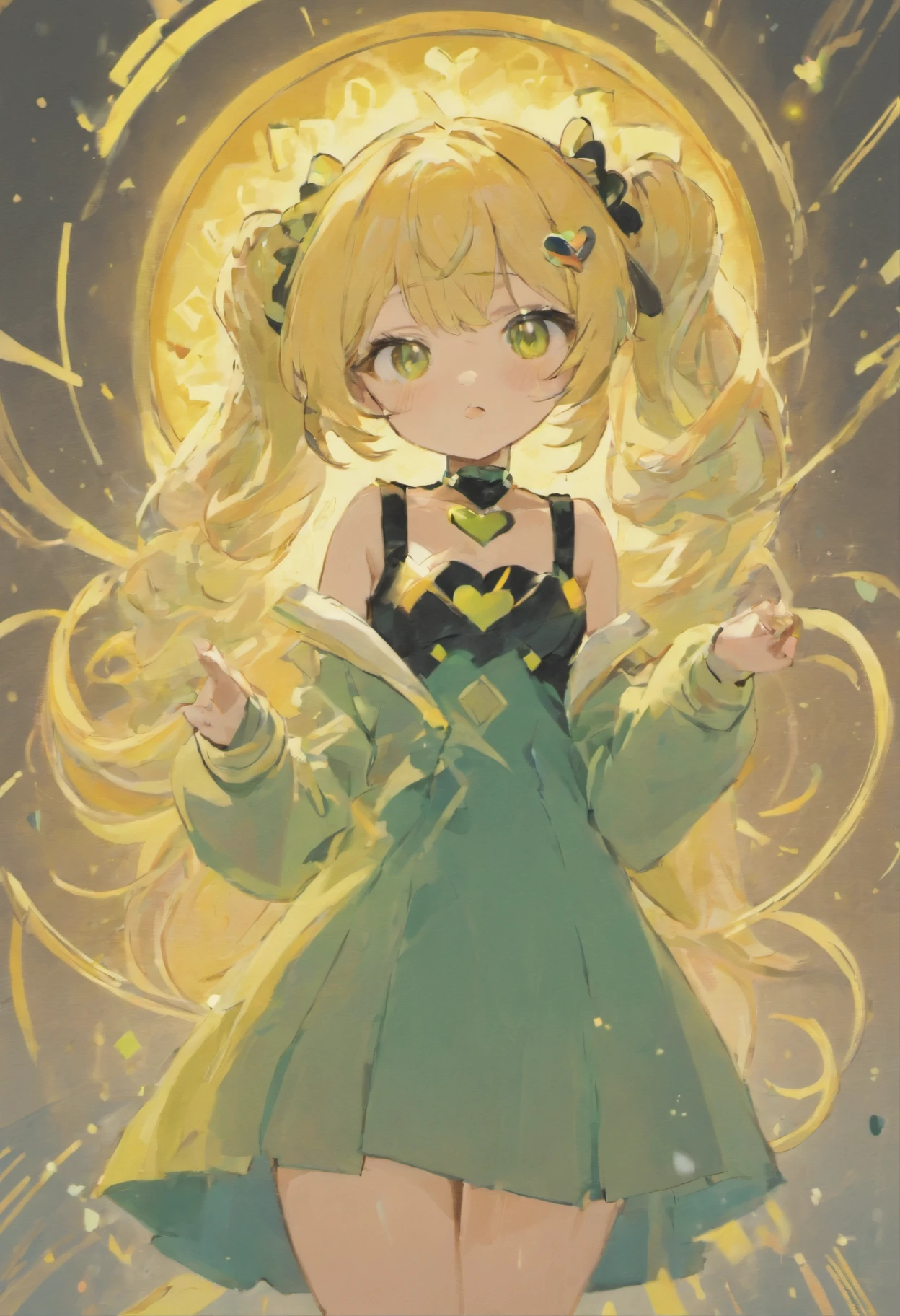 In a white and green JPOP suit, the highest quality, A girl, Her hair is bright yellow, Slightly pastel colours, Hair is fluffy, Two fluffy ponytails ,The rest of the hair is loose to the shoulders, Also fluffy, She also has dog ears on her head, Same color as hair, but they hang down nicely, She has fair skin, kblack eyes, with white hearts in the eye, She's very cute, Dressed in a black sundress, The character is made in the style of gacha kyut, Over Orange, simple , Lola, Very cute