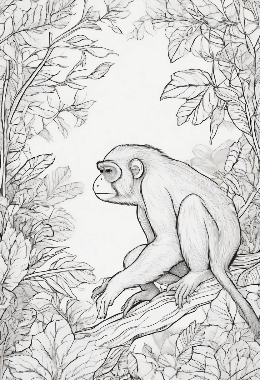 Livro para colorir de um macaco na floresta, estilo dos desenhos animados, linhas grossas, sem cor, fundo branco , strokes only