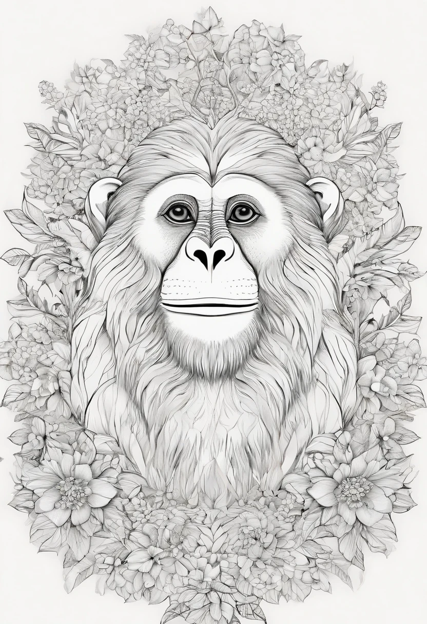 Livro para colorir de um macaco na floresta, estilo dos desenhos animados, linhas grossas, sem cor, fundo branco , strokes only