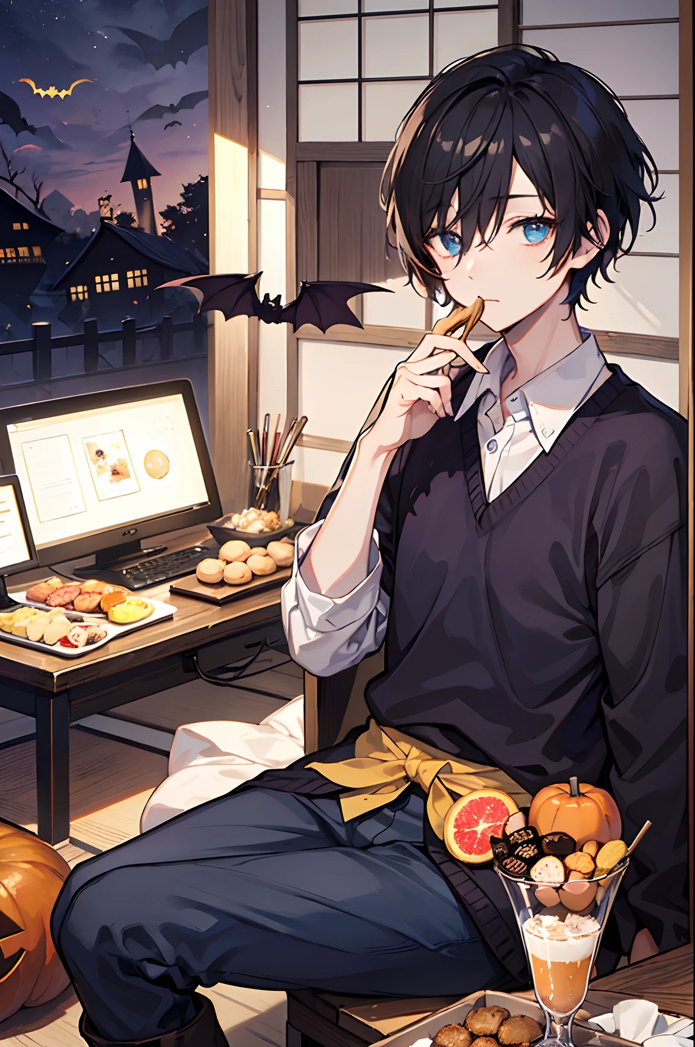 male people Dark blue short hair blue eyess Sweaters Brown Slacks long boots Japanese houses In the room、Eat oden Halloween the bats masterpiece Top image quality Clear Parts Cinematic Shadows Increased attractiveness of the eyes Clear the shine of the eyes Draw eyelashes neatly Perfect Eye A detailed eye Sharpen image quality Sharpen eye writing Clear eye shape