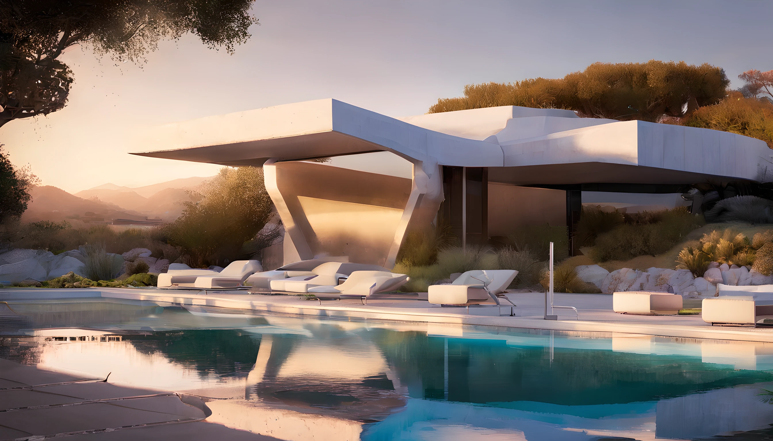 rammed earth, carved rock, flowing, mountainside, perforated, grassy, modern, futuristic, glossy white, sinuous chateau, illuminated pool, vines, ivy, artificial lighting, desert landscaping, accent lighting, sunrise, mist
