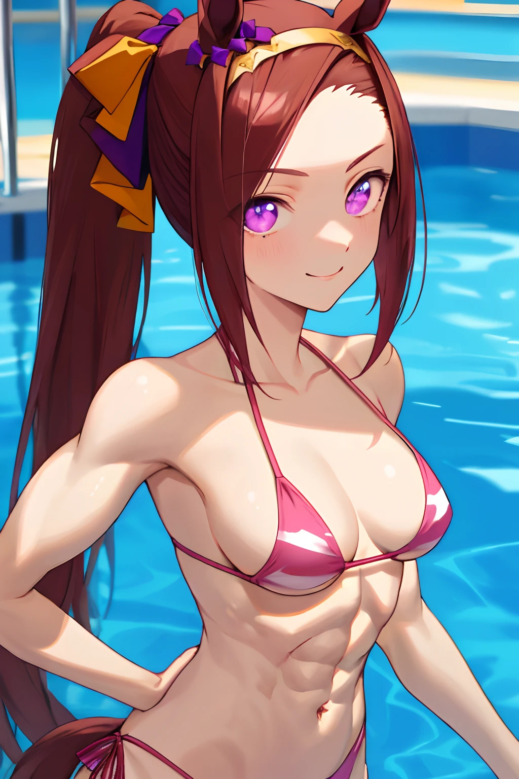 sakura bakushin o \(umamusume\), ((ultra-detailed face)), muscular slender girl, upper body, masterpiece, best quality, abs, plain bikini, horse tail, pool, light smile, detailed clear eyes, frontage