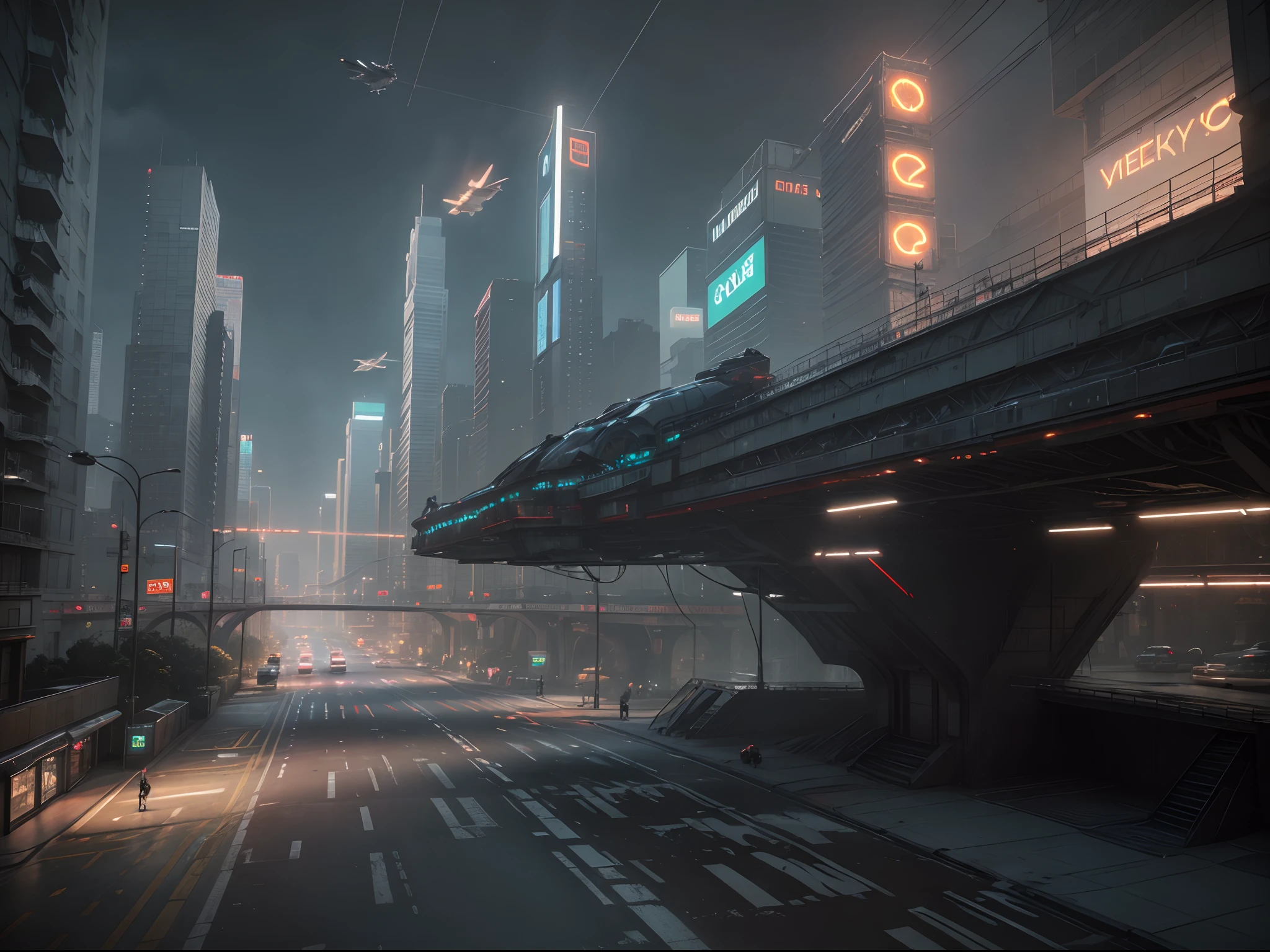 Cyberpunk cityscape street scene with towering skyscrapers, glowing neon signs and LED lights, traffic with futuristic cyberpunk cars and ((flying cars in the sky)), dark atmosphere, cinematic lighting, extremely detailed.