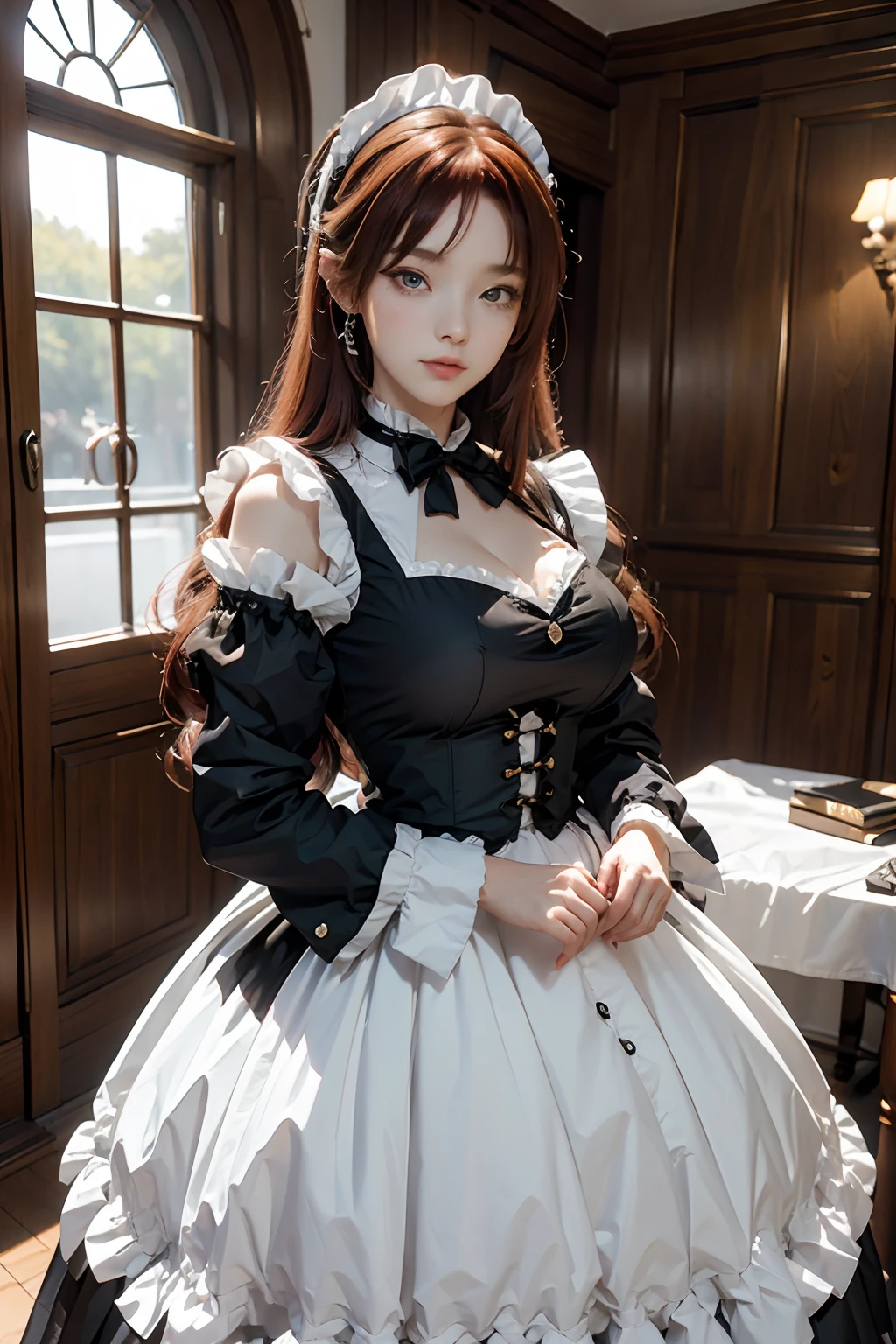 The woman, (European Citizenship: 1.2) In a black and white outfit posing for a photo, maiden! Dress, Anime Girl Cosplay, anime girl in a maid costume, The Magnificent Maiden, maid outfit, cosplay photo, cosplay, anime cosplay, A Few Cute Poses, (Face of the Goddess), (Elegant posture: 1.4), Elegant atmosphere, Noble atmosphere, (Milf: 1.6) (redhead hair: 1.5), (Cyan eyes: 1.4), (maidservant: 1.4), (Black and White Maid Outfit: 1.1), (Incredible beauty, High facial detail:1.3),