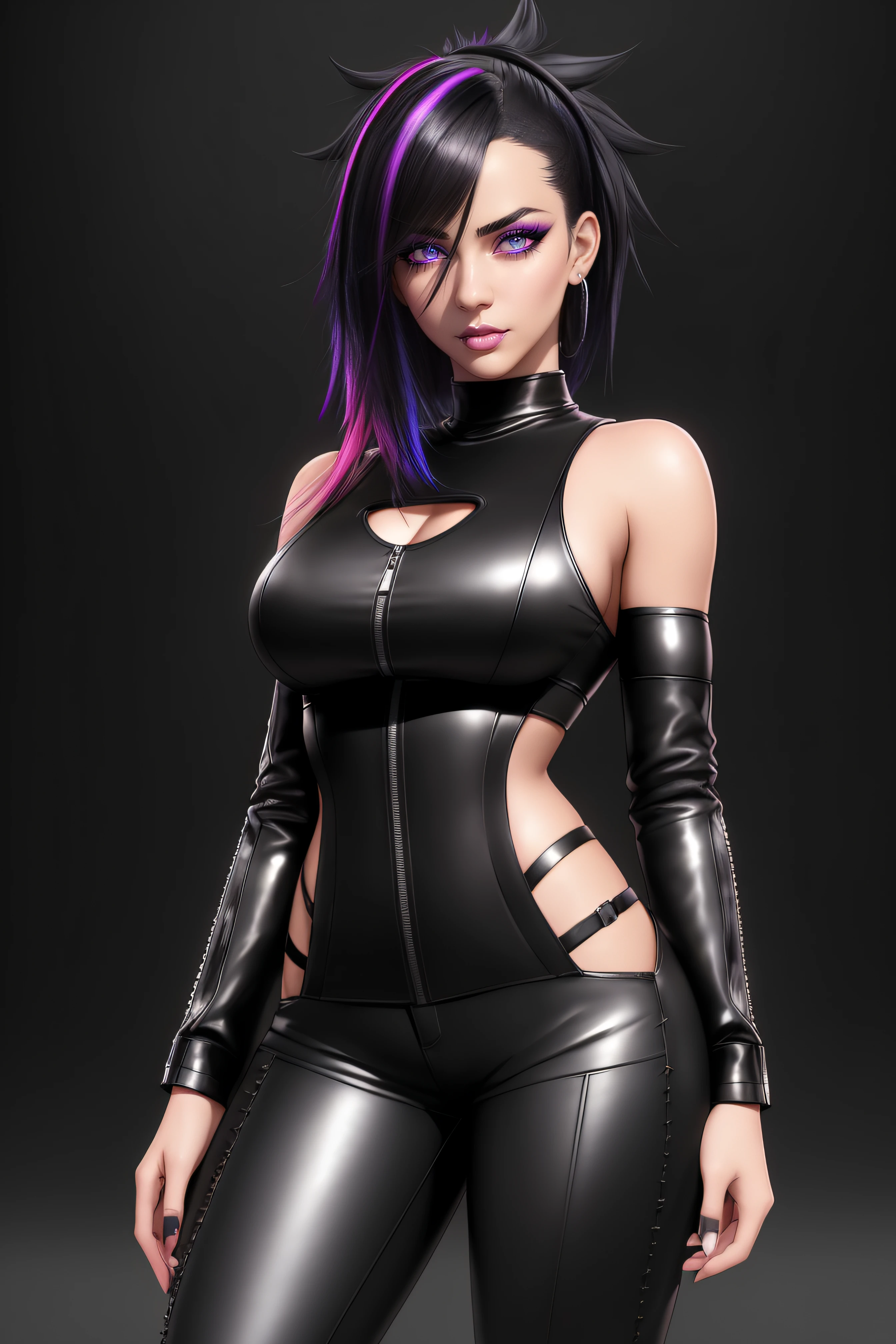 beautiful girl, ((standing:1.4)), (confident gaze:1.1), full body, short bright neon streaked black hair, ((realistic highly detailed eyes:1.4)), ((seductive pose:1.2)), black eyeshadow, (street style wear:1.2), ((tight fitted pants)), ((knee high leather boots)), (dark city night black background:1.4), dark makeup, digital art, trending on artstation, highly detailed, fine detail, intricate, detailed facial features, sharp focus, smooth, aesthetic,
