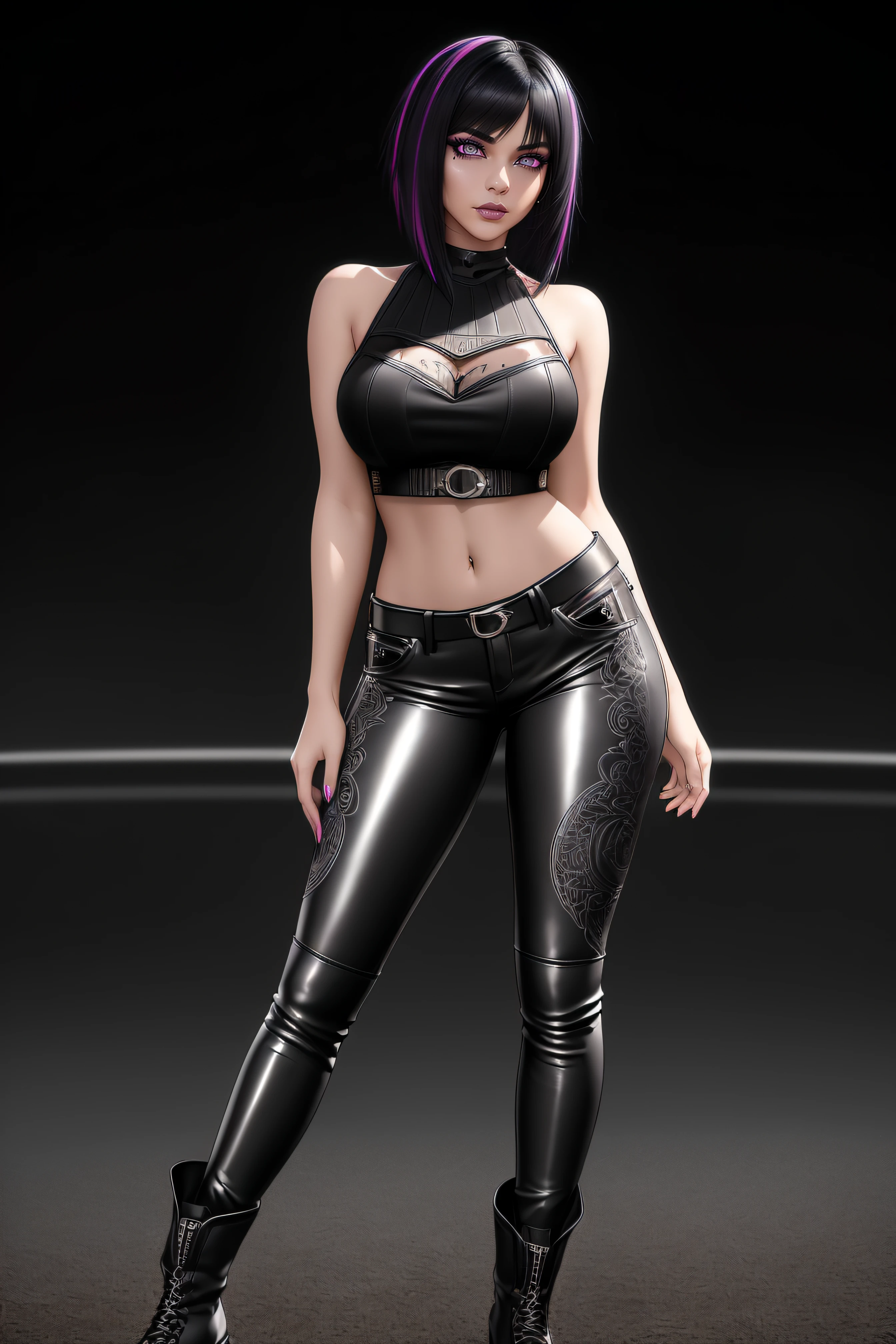 beautiful girl, ((standing:1.4)), (confident gaze:1.1), full body, short bright neon streaked black hair, ((realistic highly detailed eyes:1.4)), ((seductive pose:1.2)), black eyeshadow, (street style wear:1.2), ((tight fitted pants)), ((knee high leather boots)), (dark city night black background:1.4), dark makeup, digital art, trending on artstation, highly detailed, fine detail, intricate, detailed facial features, sharp focus, smooth, aesthetic,