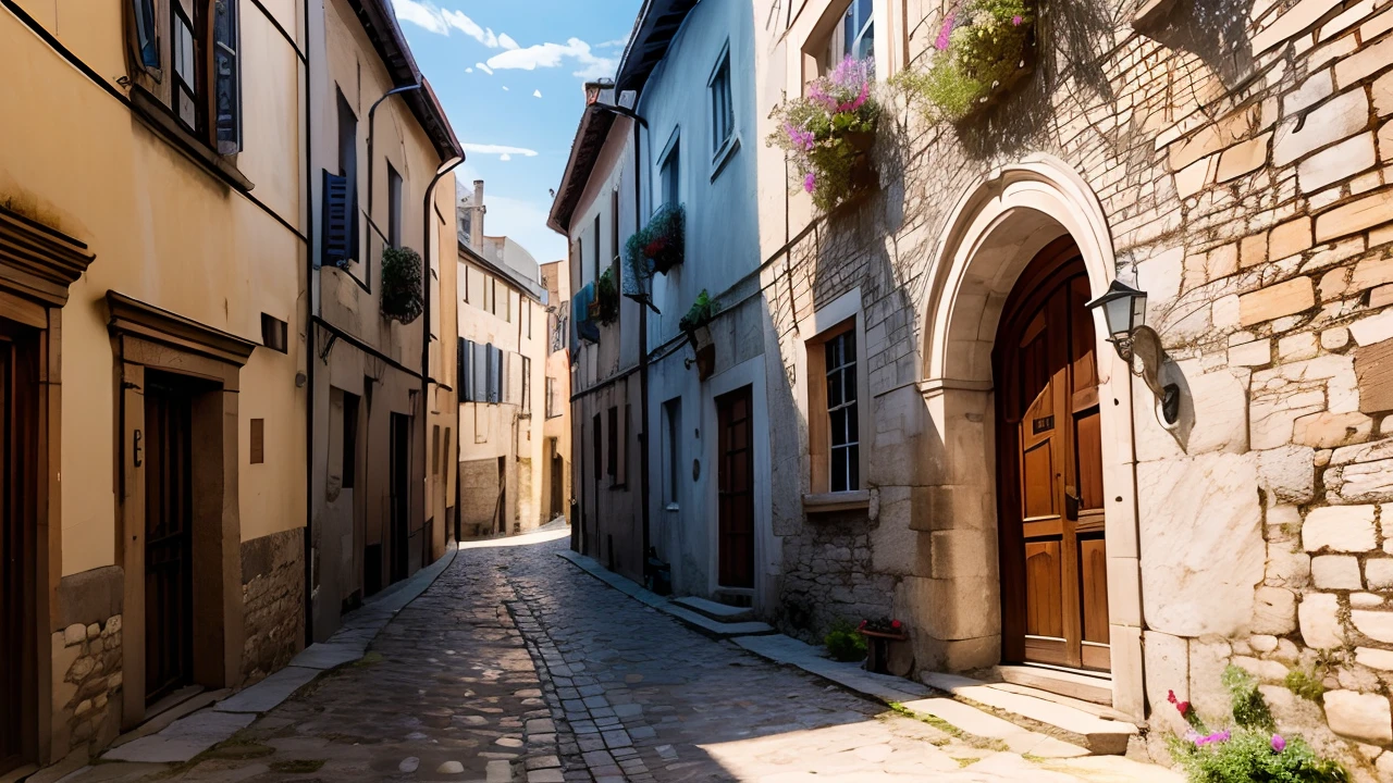 View of a narrow cobbled street,Early Medieval Town,(beste-Qualit,4k,8k,highres,tmasterpiece:1.2),ultradetailed,(realisti,photo-realistic,photo realism:1. 37),Soft warm sunlight,Stone buildings,Arched doorways,Uneven cobblestones,calming atmosphere,Medieval architecture,bright colours,Historical charm,Open windows,Curved stairs,Hidden corners,Wooden shutters,Whispers of History,medieval town landscape,Quiet streets,Old-fashioned street signs,Aged wooden doors,Sunlit courtyards,Echoes of the Past,Charming alleys