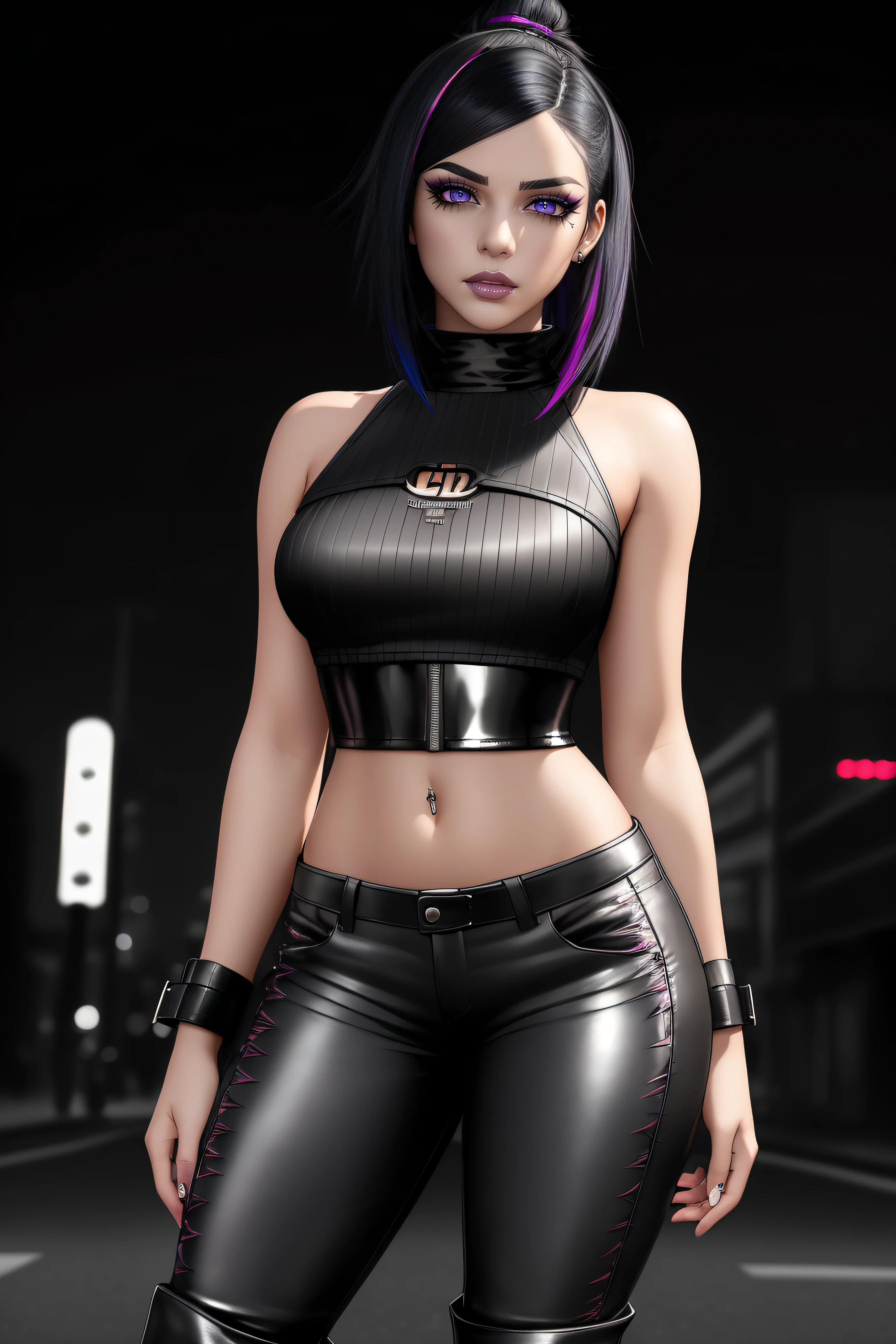 A woman in a black top and leather pants posing for a picture - SeaArt AI