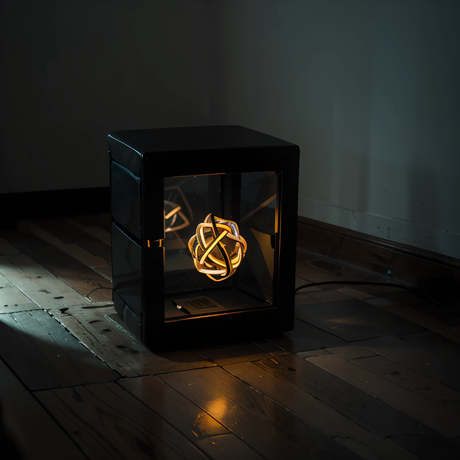 A neon cube in a dark room