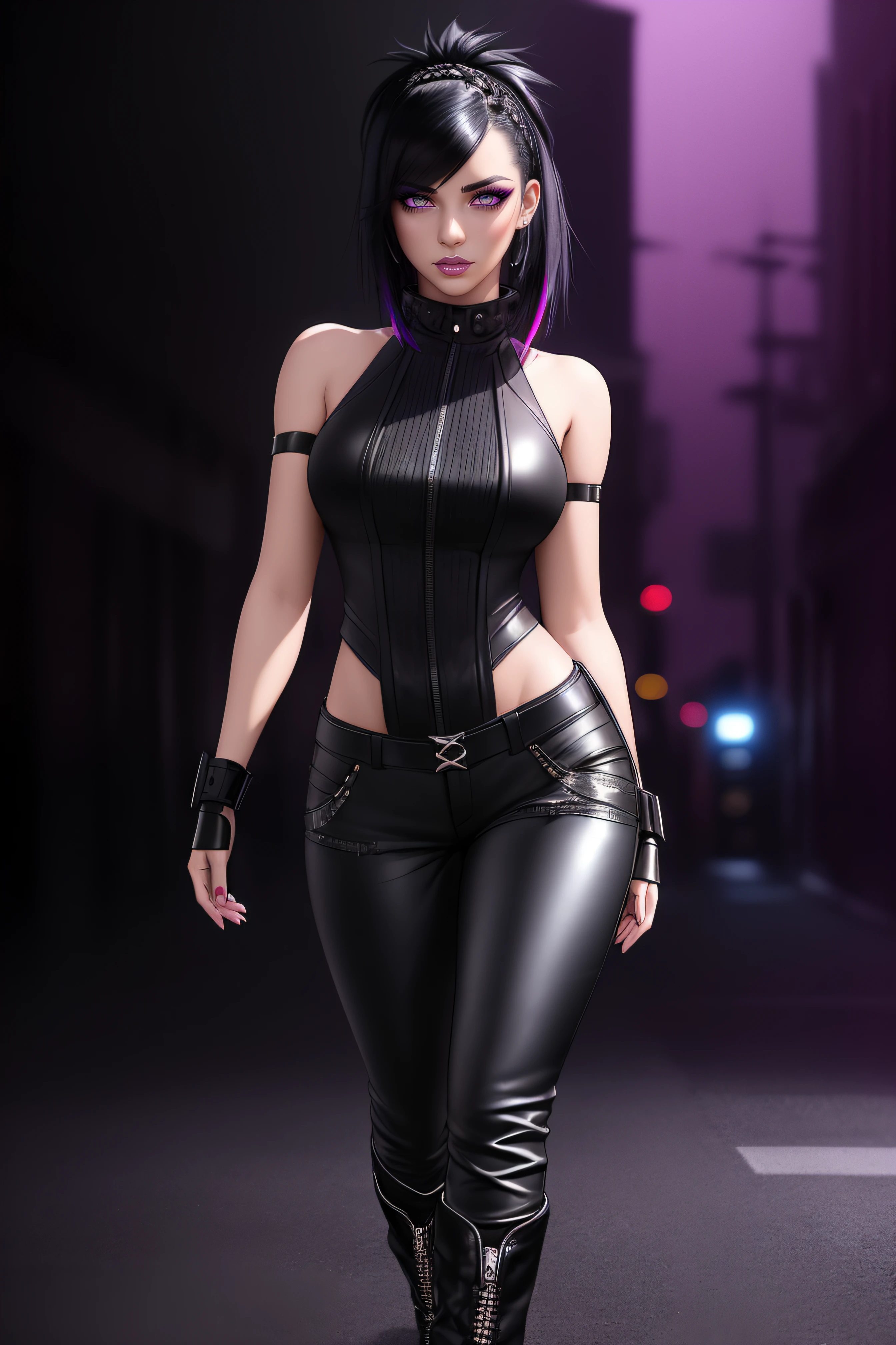 beautiful girl, ((standing:1.4)), (confident gaze:1.1), full body, short bright neon streaked black hair, ((realistic highly detailed eyes:1.4)), ((seductive pose:1.2)), black eyeshadow, (street style wear:1.2), ((tight fitted pants)), ((knee high leather boots)), (dark city night black background:1.4), dark makeup, digital art, trending on artstation, highly detailed, fine detail, intricate, detailed facial features, sharp focus, smooth, aesthetic,