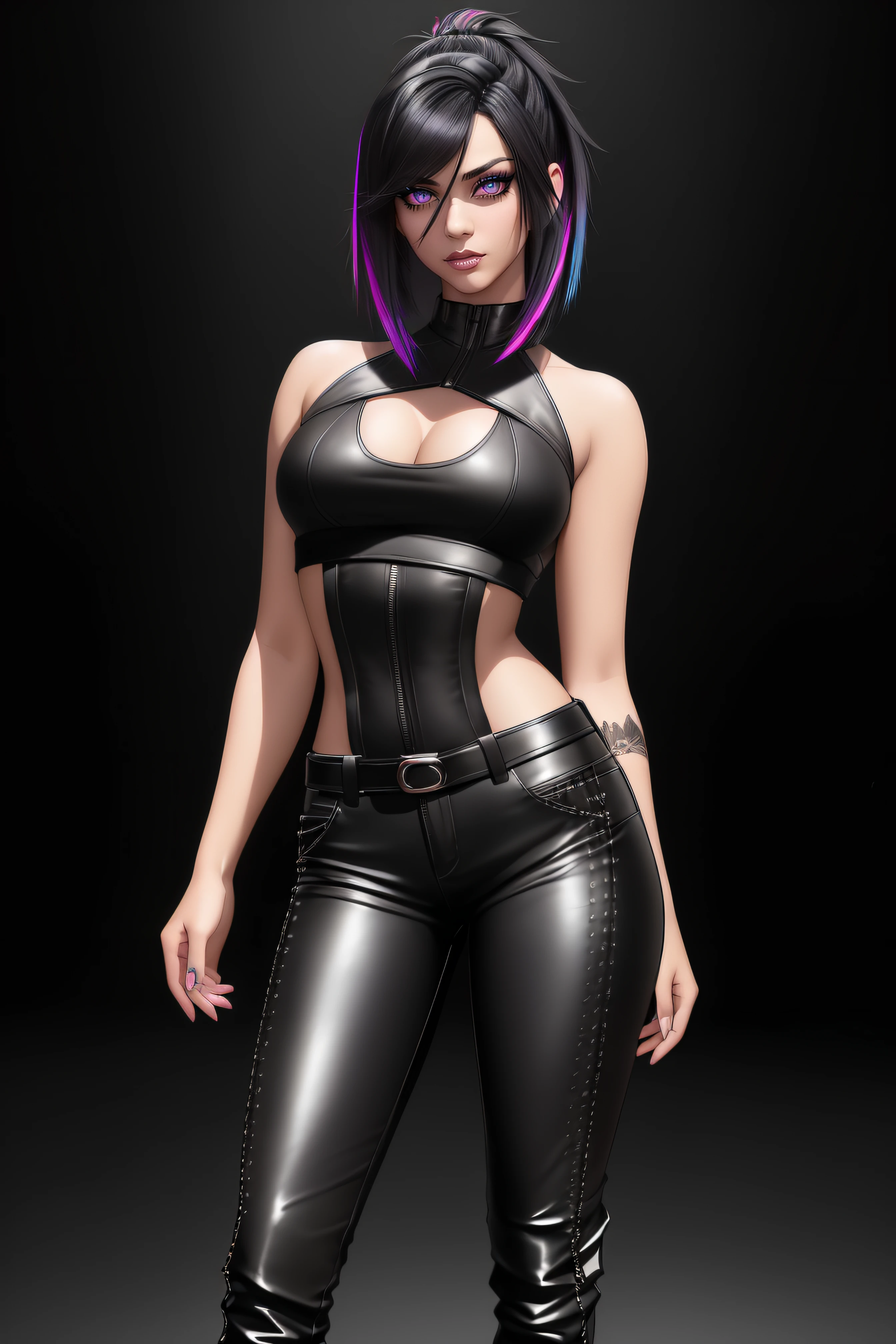 beautiful girl, ((standing:1.4)), (confident gaze:1.1), full body, short bright neon streaked black hair, ((realistic highly detailed eyes:1.4)), ((seductive pose:1.2)), black eyeshadow, (street style wear:1.2), ((tight fitted pants)), ((knee high leather boots)), (dark city night black background:1.4), dark makeup, digital art, trending on artstation, highly detailed, fine detail, intricate, detailed facial features, sharp focus, smooth, aesthetic,