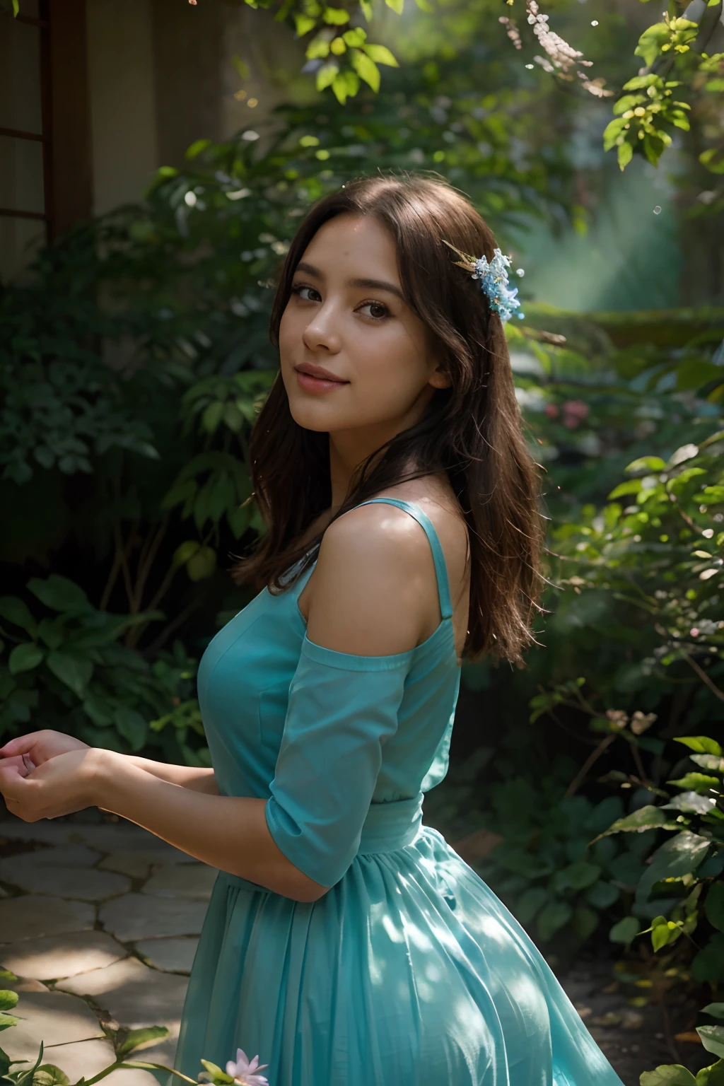 Create a movie poster with a gorgeous 28 year old young woman wearing a beautiful full and long blue colored dress playfully dancing amidst bubbles in a beautiful flower garden, captured from a slightly elevated side angle with a dreamy bokeh effect(best quality,high-res,ultra-detailed), her radiant smile illuminated by the soft sunlight filtering through the foliage,the water reflecting her serene expression and elegant silhouette with perfect clarity, while her dazzling lips are adorned with a subtle shade of pink, the vision of tranquility and allure,indulging in the sensual joy of the moment,the surrounding nature enveloping her in a tapestry of vibrant colors (warm, saturated),the playful melody of birdsong filling the air,enhancing the picturesque beauty of the setting,faint rays of sunlight piercing through the foliage,casting dappled shadows on her flawless complexion,(photorealistic, bokeh:1.37),creating a captivating interplay of light and shade, as if she exists in a secret oasis, where time stands still.