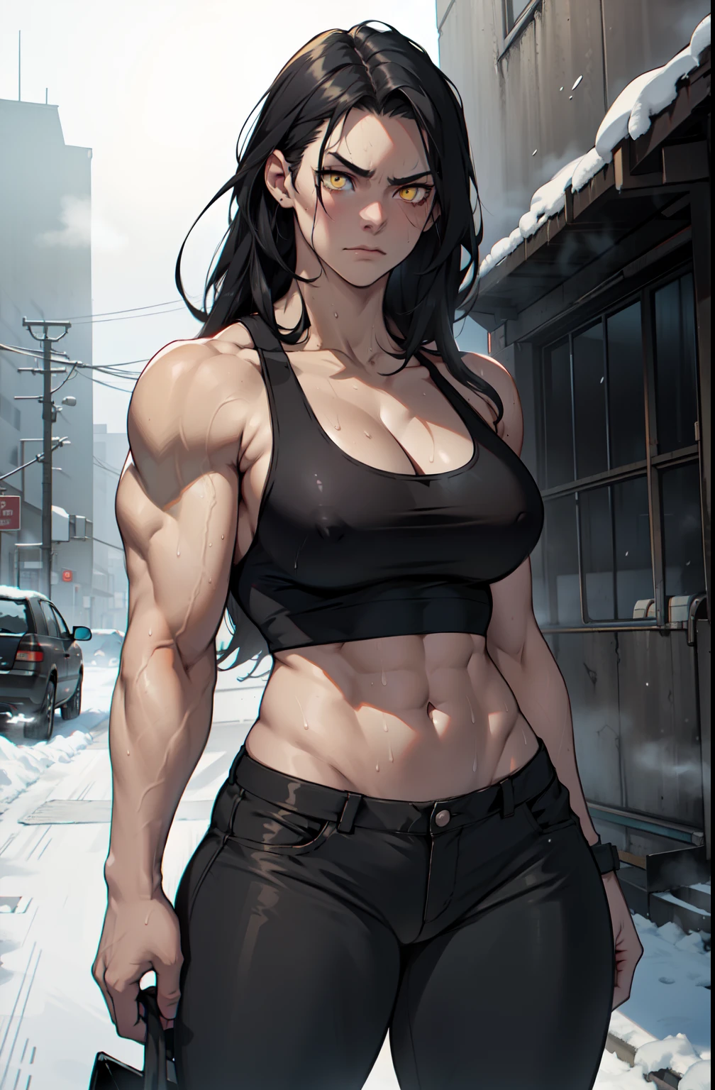 shadow pale skin solo 1 girl black hair yellow eyes angry (very long hair sweaty) dark atmosphere (large breasts bodybuilder toned body muscular) tank top tight pants curvy thick thighs wide hips snow veins foggy steam concrete