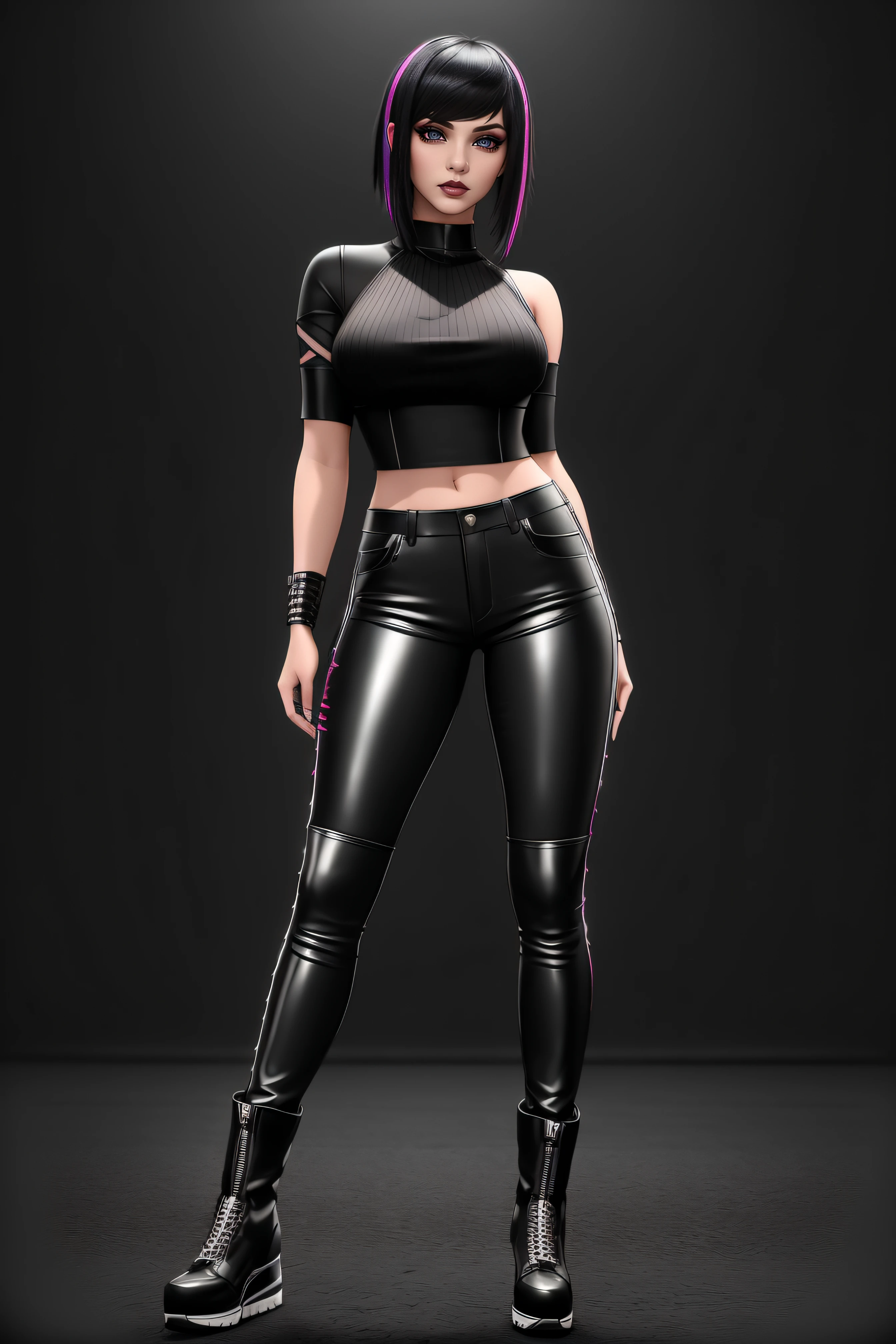 A woman in a black outfit and purple hair posing for a picture - SeaArt AI