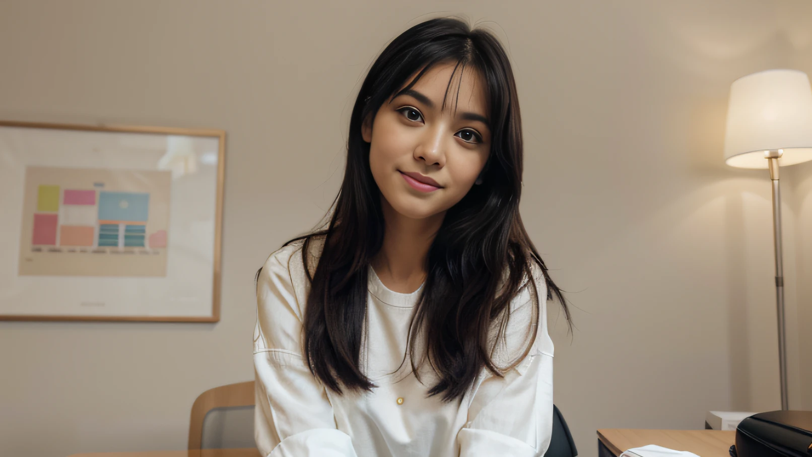 portrait of a cute girl wearing cute clothes , sitting correctly in an office, black hair, explaining, long eyelashes, upper body, solid circle eyes, cute small nose , light smile, facing viewer, Surrealism, drop shadow, 8k, super detail, best quality, 1080P, 1080P, 1080P, 4K, 8k, 16k, HD, 1080P