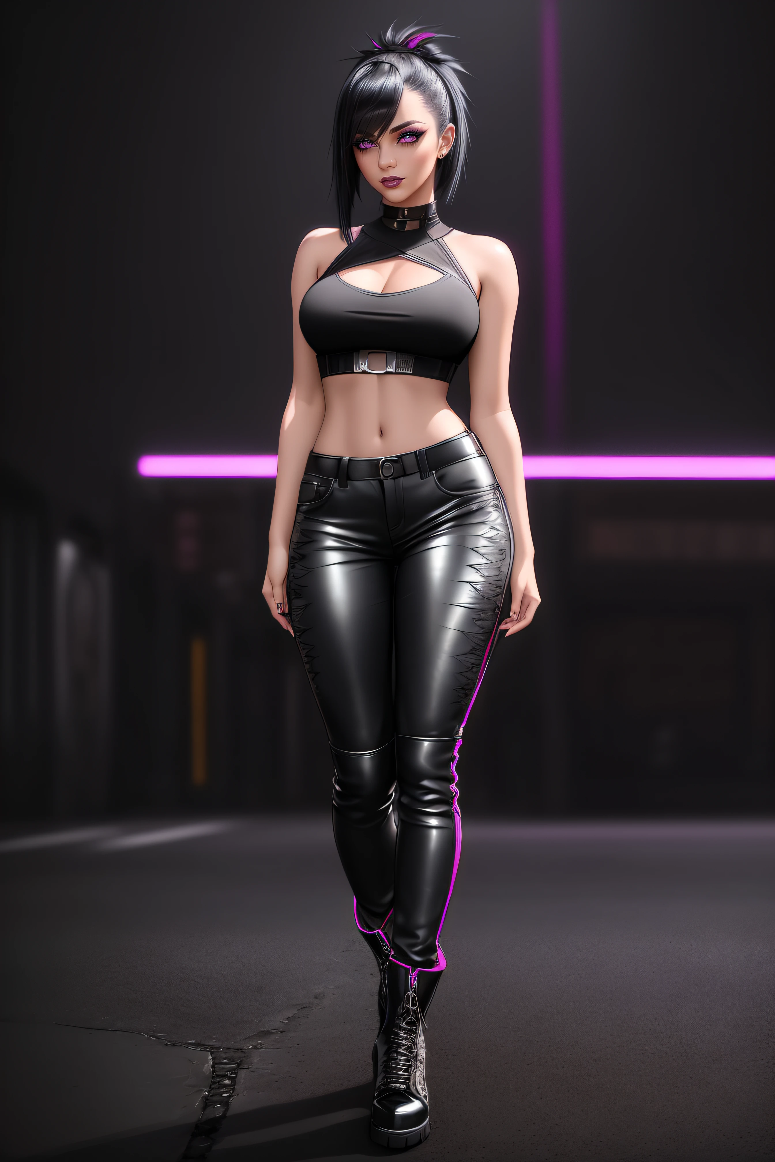 beautiful girl, ((standing:1.4)), (confident gaze:1.1), full body, short bright neon streaked black hair, ((realistic highly detailed eyes:1.4)), ((seductive pose:1.2)), black eyeshadow, (street style wear:1.2), ((tight fitted pants)), ((knee high leather boots)), (dark city night black background:1.4), dark makeup, digital art, trending on artstation, highly detailed, fine detail, intricate, detailed facial features, sharp focus, smooth, aesthetic,