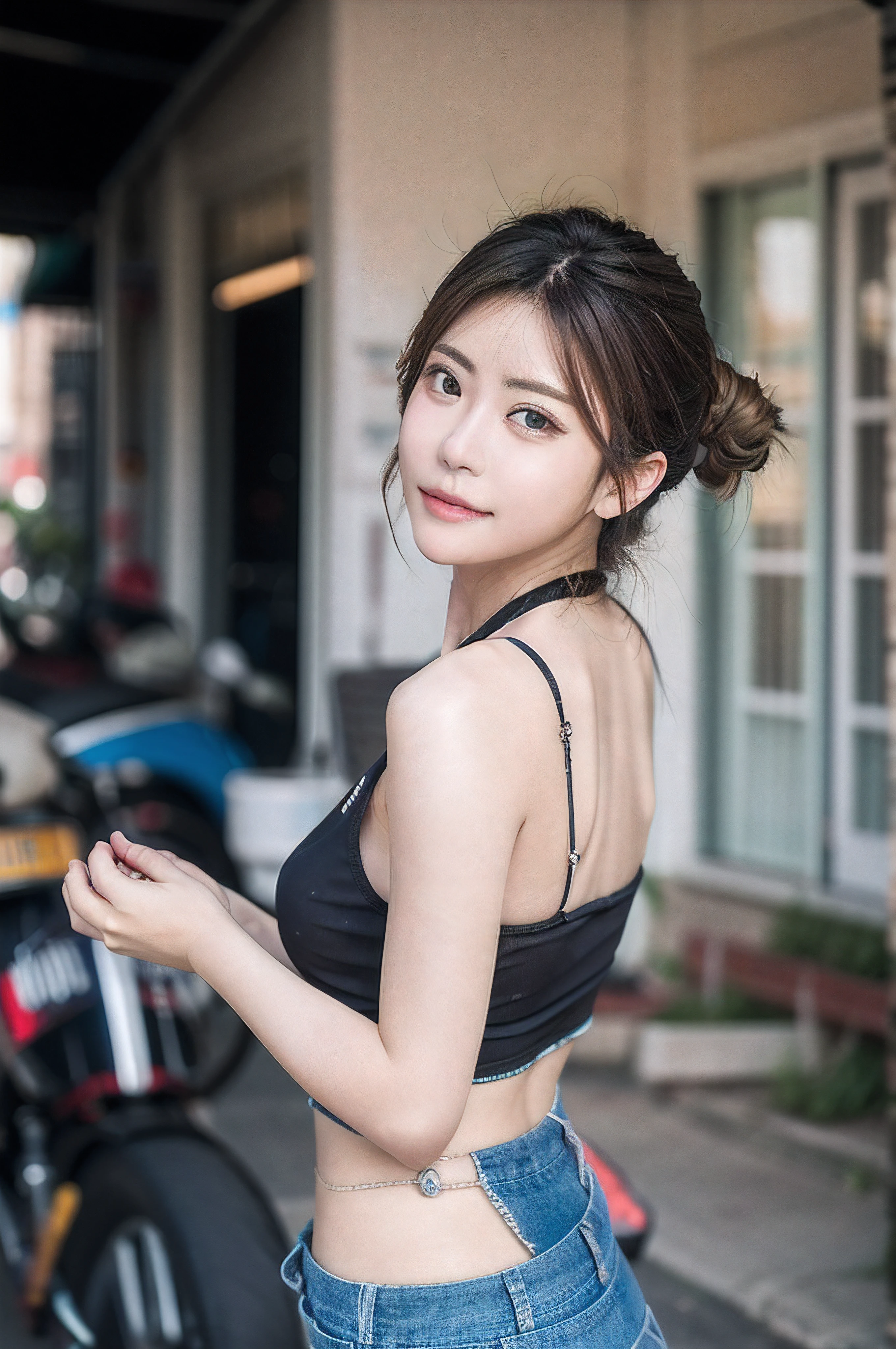 (8k,RAW photos,best qualtiy,tmasterpiece:1.2),(realisticlying,realisticlying:1.37),best qualtiy,超高分辨率,NFSW backlight,light leaks,动态照明,slim,Smooth skin,(pureerosface_v1:1),Bond,nabel,Kpop idol,(beatiful detailed eyes:1),(beautifull detailed face:1),(freebuffing:1.2),exteriors,ulzzang-6500,1girll,standing on your feet,The upper part of the body,,, from the front side,up front view,looking at viewert,, Arms behind your back,the street,rays of sunshine,full bodyesbian,looks into camera。ultra-clear。k hd。4k