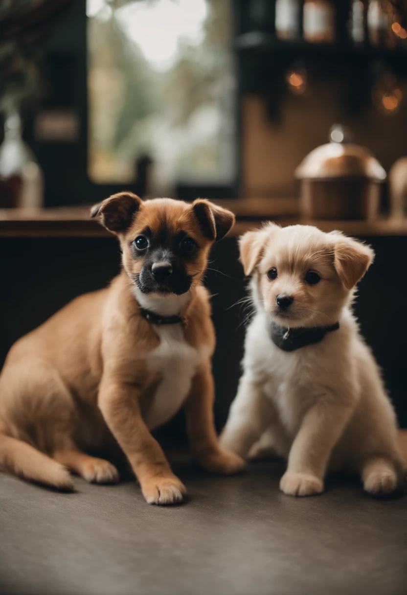 um cachorro e uma gato, Conhecido como cachorro e gato roqueiro, bonitos, cachorrinhos, dogdogsdogs, e cachorros bonitos, Gatinhos, Gatos, catscatscats, e gatos bonitos. They sat together at the counter of a bar, vestindo roupas de roqueiro. They are cute in the style of 🍁 and 🍂, And it's the cutest of them all. They are known as the real-life Tom and Jerry. The art style is cute dog and cat anime visual.