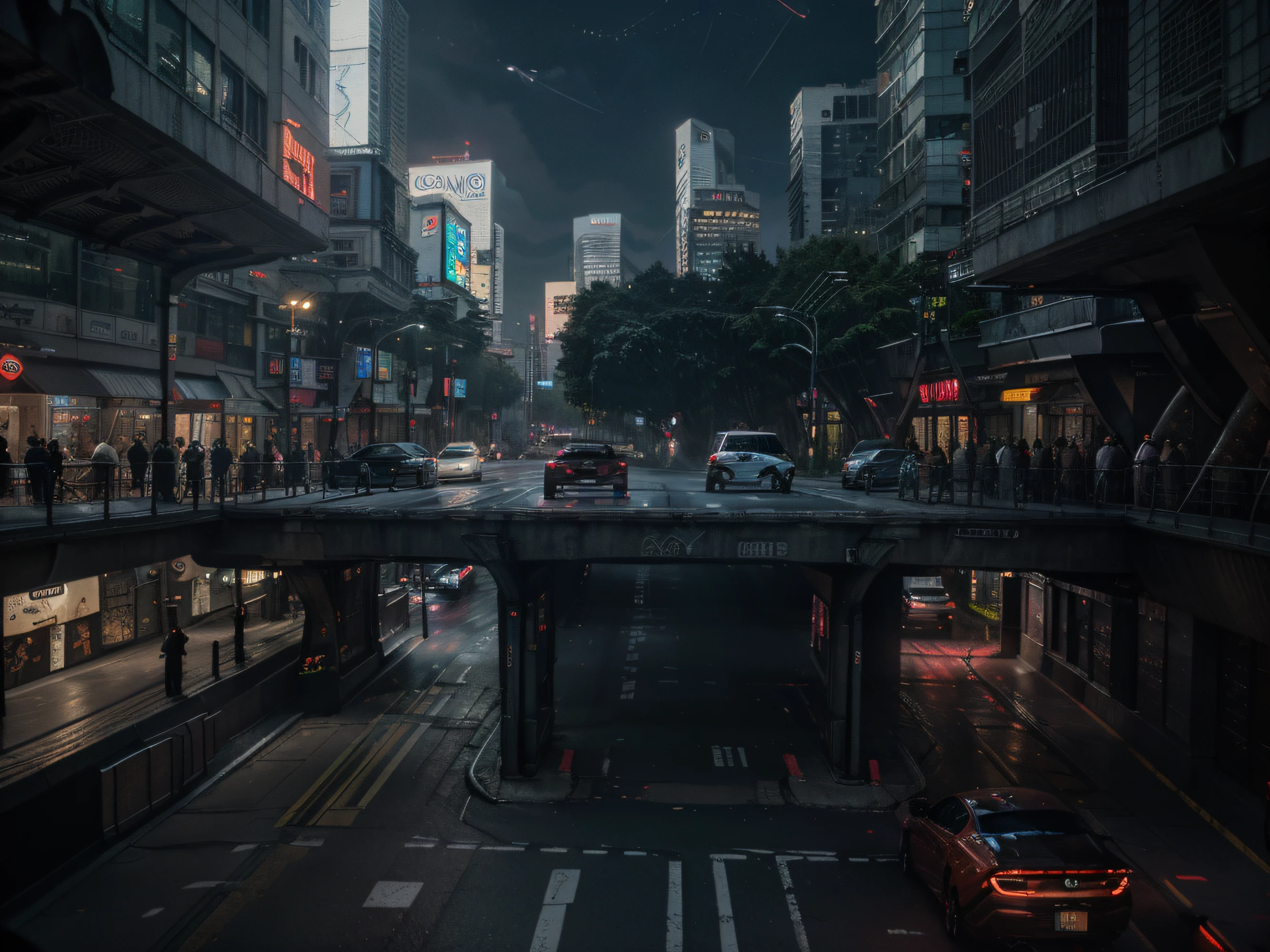 Cyberpunk streetscape with tall skyscrapers, Glowing neon signs and LED lights, traffic with futuristic cyberpunk cars and ((Flying cars in the sky)), Dark atmosphere, Cinematic lighting, Extremely detailed.