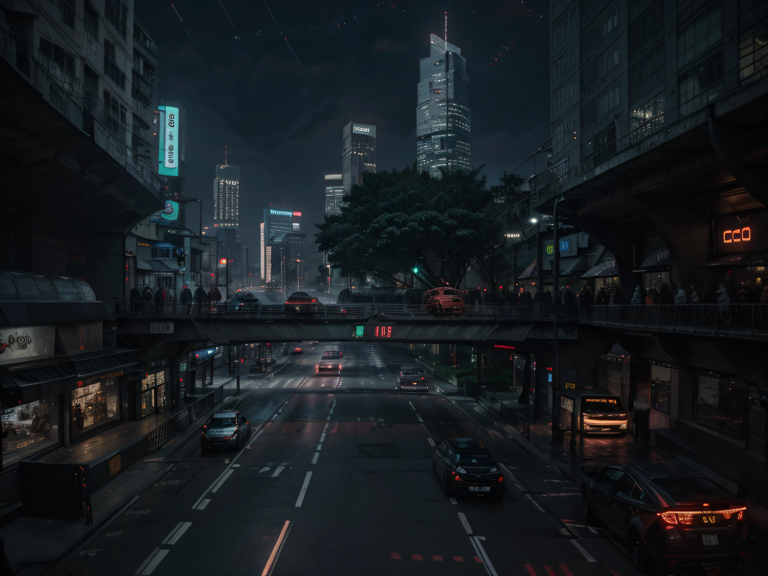 Cyberpunk streetscape with tall skyscrapers, Glowing neon signs and LED lights, traffic with futuristic cyberpunk cars and ((Flying cars in the sky)), Dark atmosphere, Cinematic lighting, Extremely detailed.