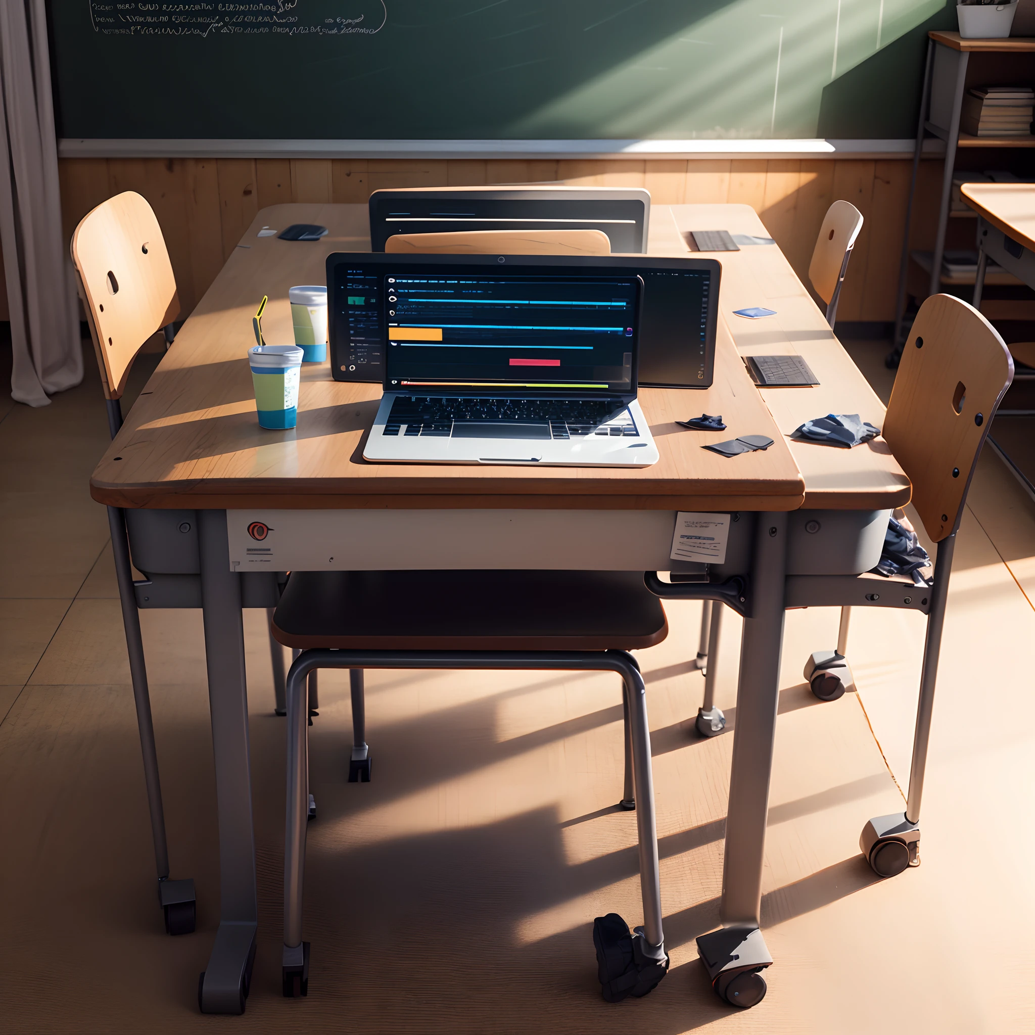 Make a classroom with 20 computers, one digital board 1 o’clock 20 desk one map 100 trash cans 50 chairs