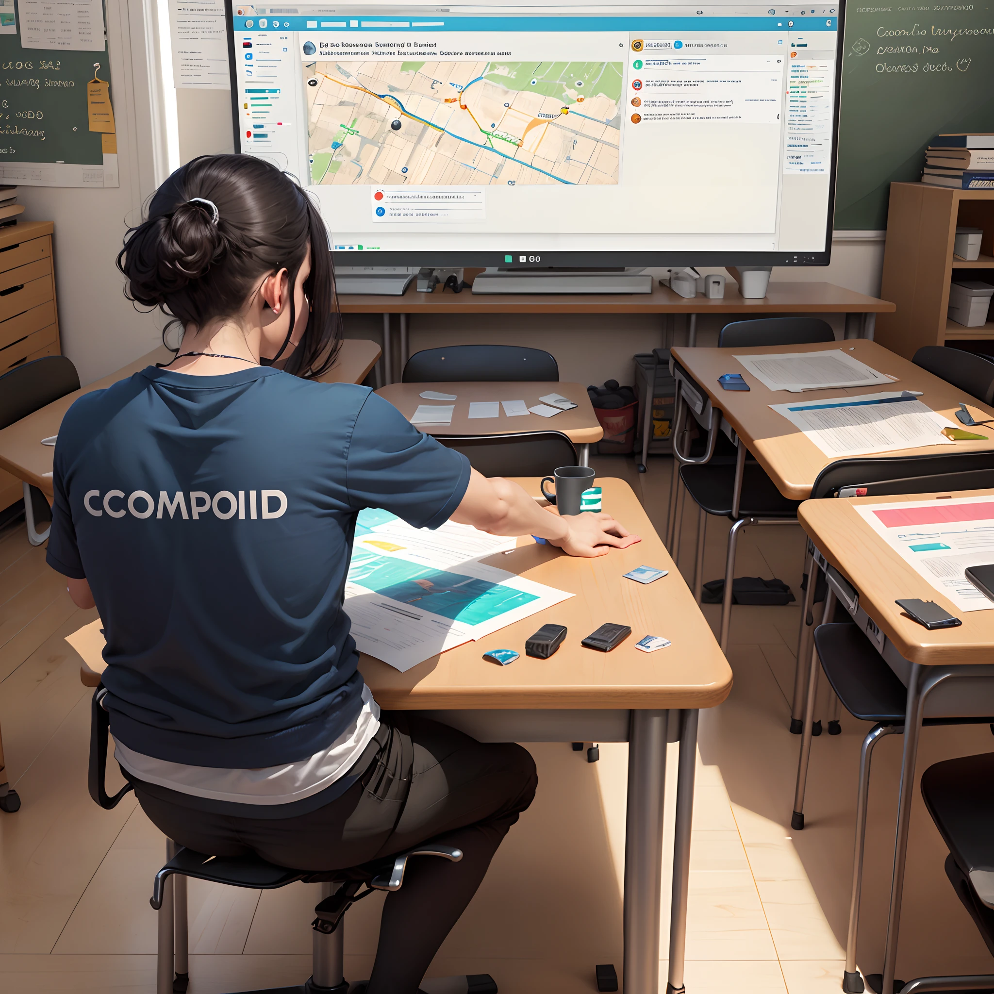 Make a classroom with 20 computers, one digital board 1 o’clock 20 desk one map 100 trash cans 50 chairs