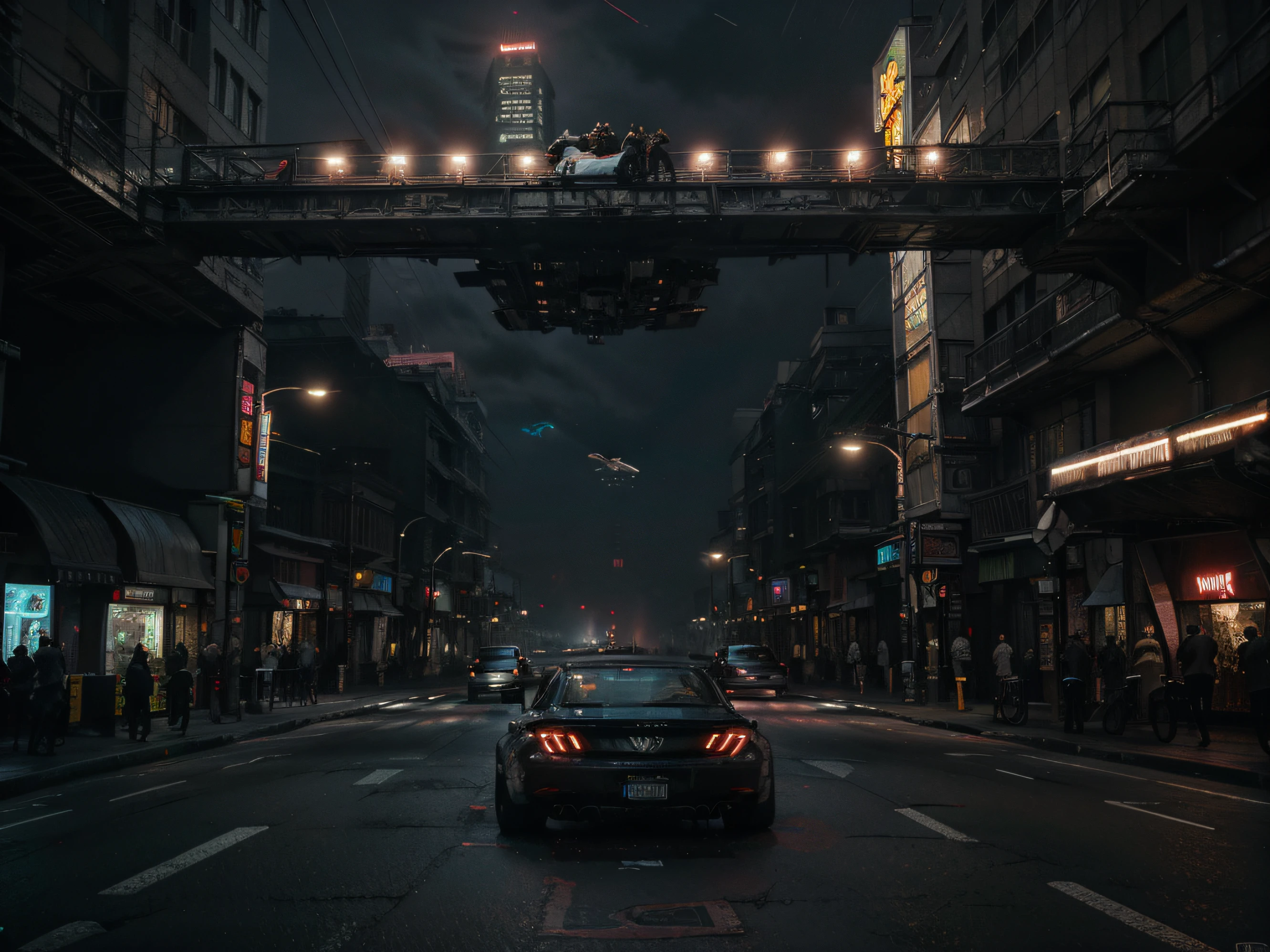 Cyberpunk streetscape with tall skyscrapers, Glowing neon signs and LED lights, traffic with futuristic cyberpunk cars and ((Flying cars in the sky)), Dark atmosphere, Cinematic lighting, Extremely detailed.