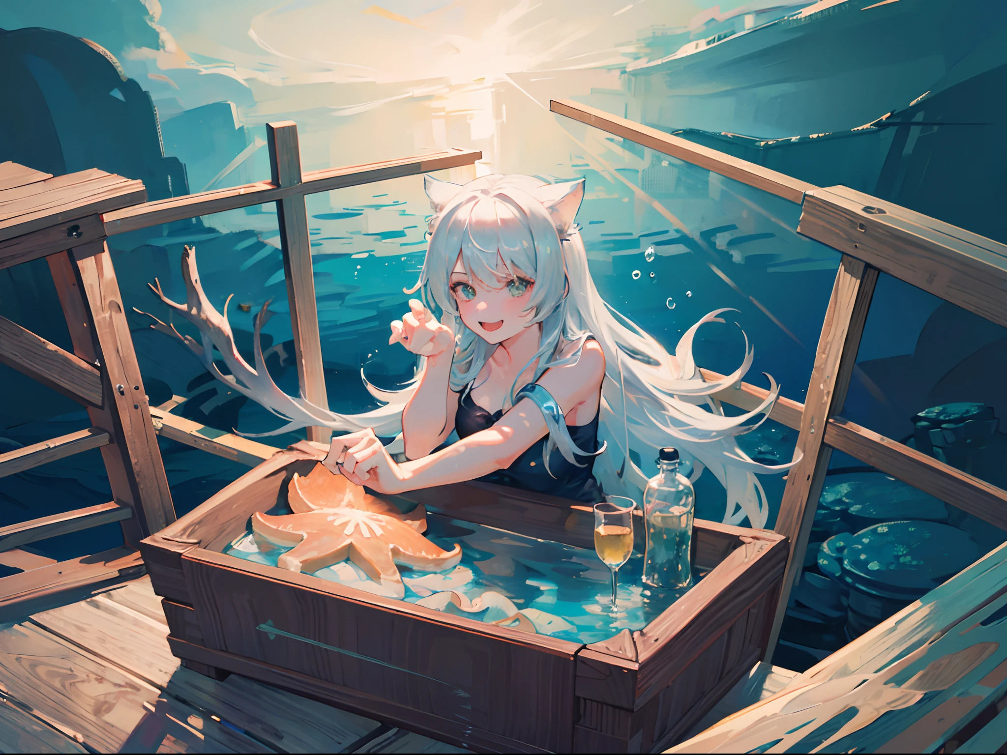 (Underwater scene:1.4), dive into the sea, (extreme detailed:1.2), 1 girl, white bikini, starfish, fish, clam, ray tracing, seaweed, close up, smile, happy, very expressive, full limbs, neko pose