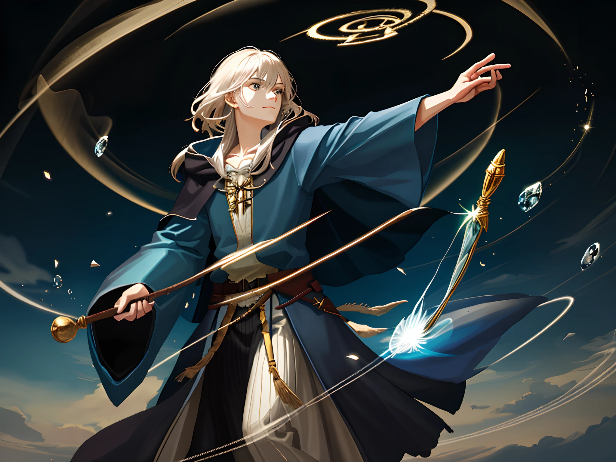 A close up of a wizard holding a wand and casting a spell