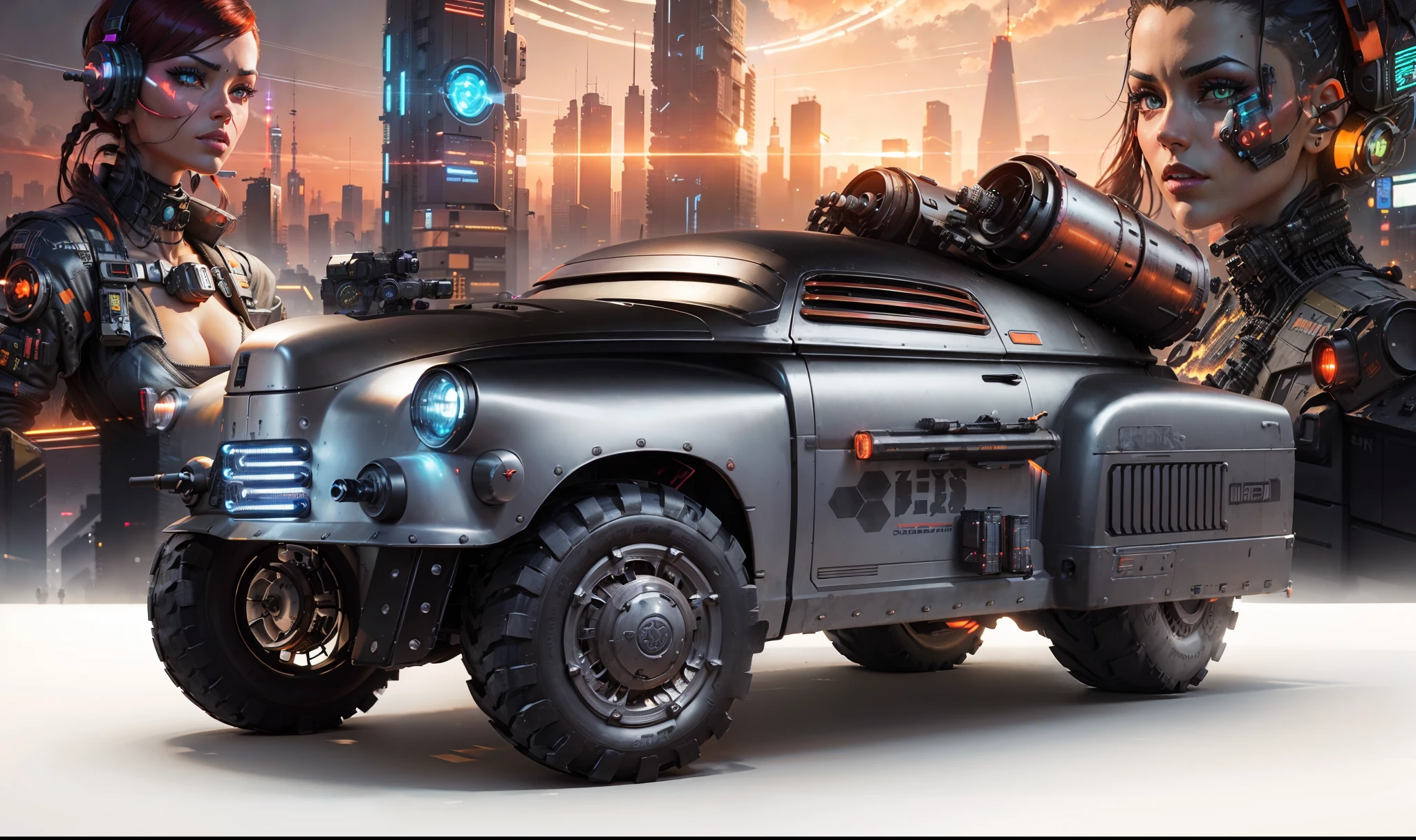 A powerful vehicle equipped with machine guns and missiles on the foreground, Behind 2 beautiful cyborg women with all cyberpunk accessories and in the background cyberpunk buildings with neon lights and an orange sky with sparkles of the setting sun