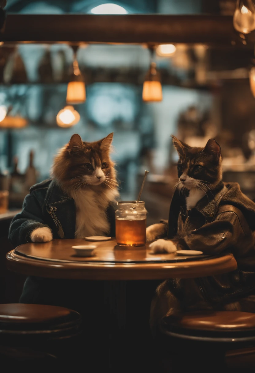um cachorro e uma gato, Conhecido como cachorro e gato cyberpunks, bonitos, cachorrinhos, dogdogsdogs, e cachorros bonitos, Gatinhos, Gatos, catscatscats, e gatos bonitos. They sat together at the counter of a bar, vestindo roupas cyberpunks. They are cute in the style of 🍁 and 🍂, And it's the cutest of them all. They are known as the real-life Tom and Jerry. The art style is cute dog and cat anime visual.