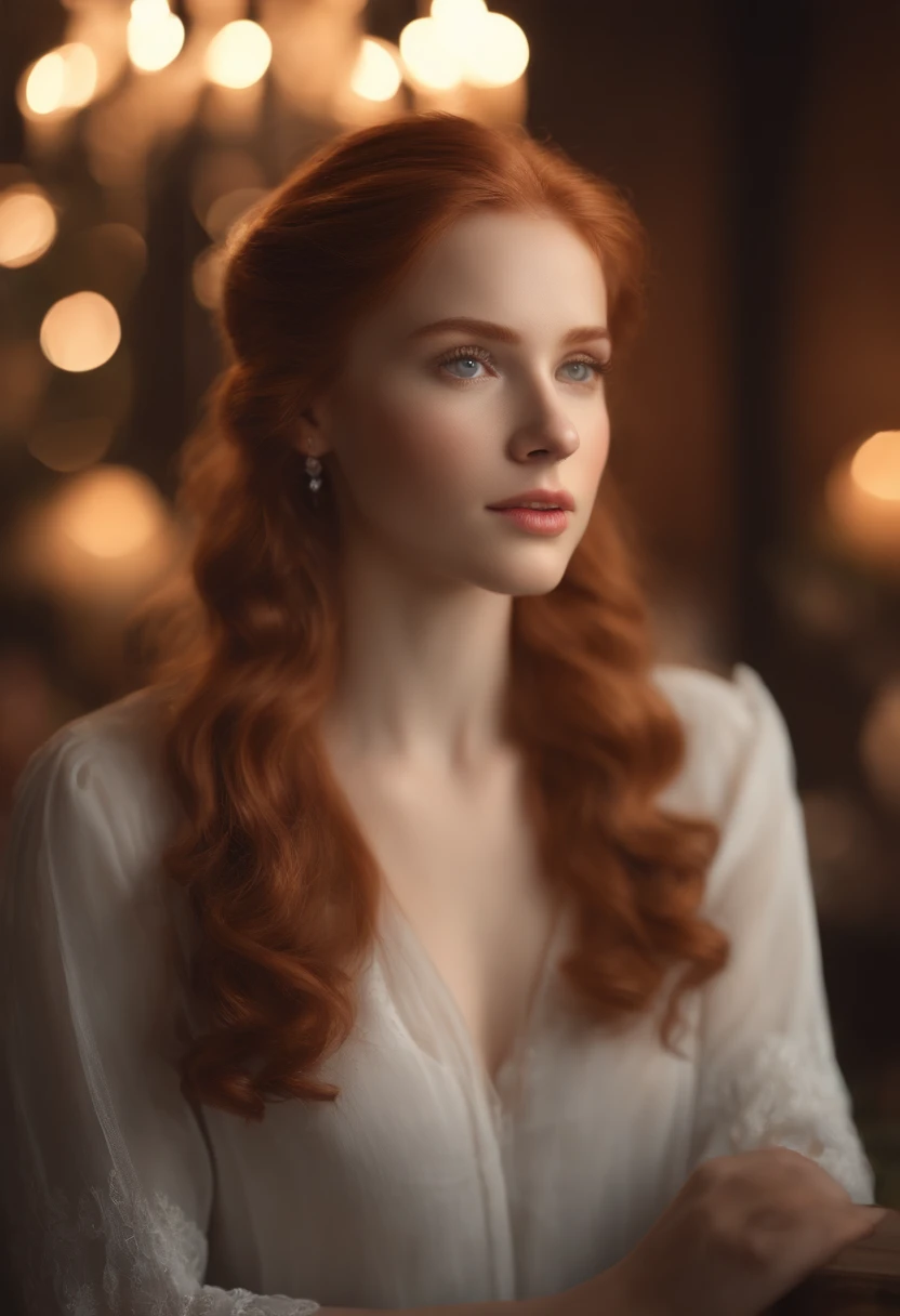 A girl with pale red hair, beautiful eyes, and beautifully detailed lips, engaged in daily activities. The scene is captured with ultra-detailed focus, resulting in a masterpiece with high resolution (4k or 8k). The lighting setup in the studio creates a soft and enchanting atmosphere, perfectly highlighting the intricate details of the girl's face. The image is rendered with photorealistic precision, making the viewer feel as if they are looking at a photograph. The portrait is composed with a shallow depth of field, creating a beautiful bokeh effect in the background. Soft, gentle colors are used to enhance the overall mood of the scene.