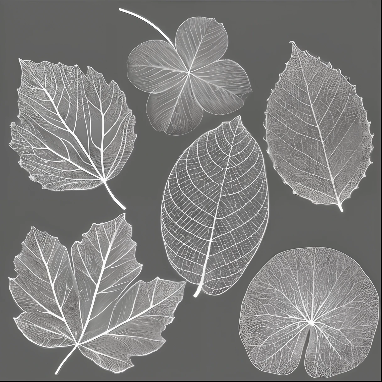 a set of four different leaves on a gray background, very detailed leaves, highly detailed leaves, translucent leaves, intricate art deco leaf designs, highly detailed green leaves, leaves, made of leaf skeletons, leaf, fractal leaves, intricate plants, intricate a whole fantasy leaf, made of leaf skeleton, fine foliage lace, hyperdetailed twigs and plants, many leaves