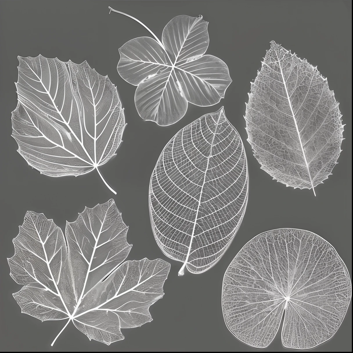 a set of four different leaves on a gray background, very detailed leaves, highly detailed leaves, translucent leaves, intricate art deco leaf designs, highly detailed green leaves, leaves, made of leaf skeletons, leaf, fractal leaves, intricate plants, intricate a whole fantasy leaf, made of leaf skeleton, fine foliage lace, hyperdetailed twigs and plants, many leaves