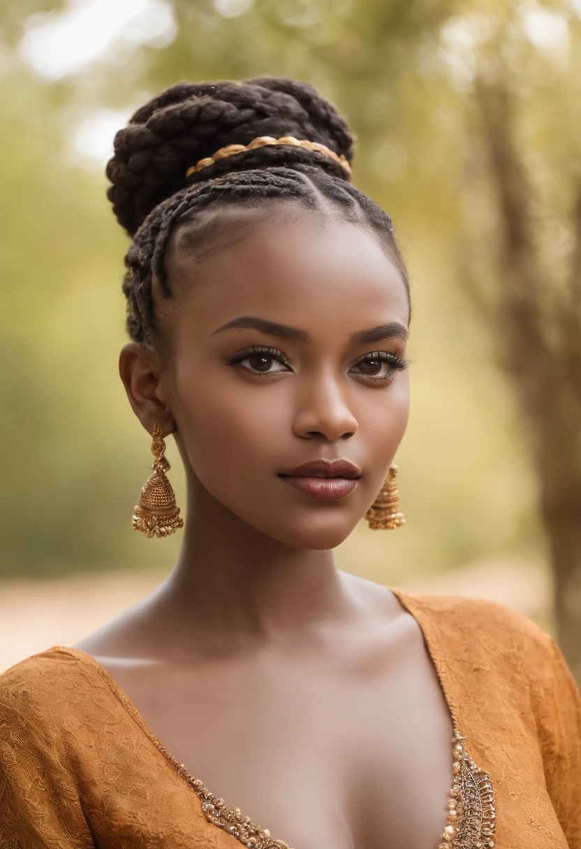 beautiful woman,African beauty,grande de taille, detailled eyes,Detailed face,full lips,boucles d'oreilles,Accessoire pour cheveux,braided hair,Tenue traditionnelle,Vibrant colors,dark complexion,Elaborate make-up,pose confiante,posture gracieuse,Natural background,softlighting,photoreallistic,Professional Quality Big