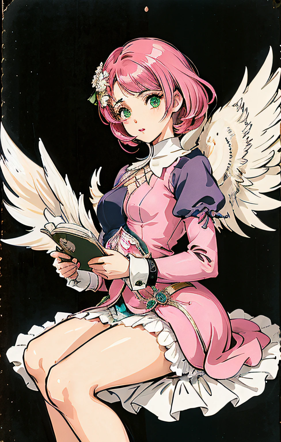 Alisa bosconovitch, melhor qualidade, contemporary, estilo plano, minimalismo, Green Eyes Flat Illustration, cabelo rosa, cabelo curto, cabelos multicoloridos, Camisa Preta, mechanical wings, Head Portrait Close-U, peito pontudo, decote, super decote, middlebreasts, Tekken,cabelo rosa pastel, 1girl, em quimono, hand-painted,Desenho de linha sem cor, colorida do yandere pastel, Tekken, Super cute pink hair girl with gothic makeup on the side, com roupa de empregada,figura esbelta,robusto,He sat on the floor,Vestido com roupas de empregada rosa e branco,cabelos muito curtos,com orelhas de gato,quadratic element,, kawaii cor-de-rosa na roupa da era de 1910, Alisa Bosconovich pink lips, no estilo da paleta de cores suave aurorapunk, an anime illustration of his face, gifs animados, hand drawn animation, charming sketches, suave e brilhante, romantismo nebuloso, Estilo Superflat, fundo branco - ar 1:1 - niji 5 - estilo expressivo --s 50 ,Pink kawaii girl in the era of 1920s clothesPink eagles, vestindo uma camisa branca brilhante, no estilo da paleta de cores suave aurorapunk, an anime illustration of his face, gifs animados, hand drawn animation, charming sketches, suave e brilhante, romantismo nebuloso, Estilo Superflat, fundo branco - ar 1:1 - niji 5 - estilo expressivo --s 50, Absurdo, alto, ultra detalhados, (1girl:1.3), quebrar , Crie uma imagem com uma bela caligrafia