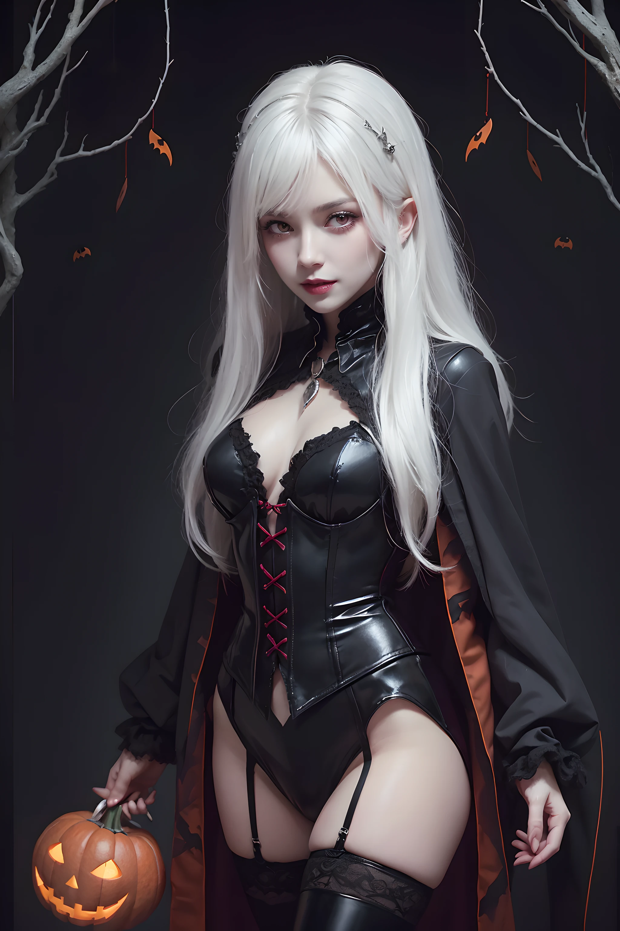 (Halloween theme:1.3), (fantasy:1.3), (vampire queen:1.3), (silver long hair:1.3), (red eyes:1.3), (vampire fangs:1.3), (extremely pretty and beautiful vampire queen:1.3), BREAK, Beautiful illustration, top-quality, (cute Russian vampire queen:1.3, Caucasian:1.3), having vampire features, (vampire queen:1.5), BREAK, (red eyes:1.5, pale skin:1.1), (beautiful, 20 years old:1.5), slim, slender, (big sagging breasts), (clean face:1.3), (vampire fangs:1.3), (ash hair:1.3), (white hair:1.3), (silver hair:1.3), BREAK, (fusion of red medieval cape dress and black elegant full lacy gothic dress), (latex corset), (black latex stockings), (knee-high-over-boots, pin-hells), (insanely detailed clothes), (halloween costume), BREAK, ((arms behind:1.5)), blue eyess, lovely thighs, (jack o'lantern:1.3), (looking straight at the viewer), (view viewer:1.3), (upper body:1.3), top angle, simple black background, (((dark background:1.5))), (halloween:1.5), (halloween background:1.5), (low-key lighting, (moody ambiance):1.2, dark shadows, subtle highlights, mysterious aura),