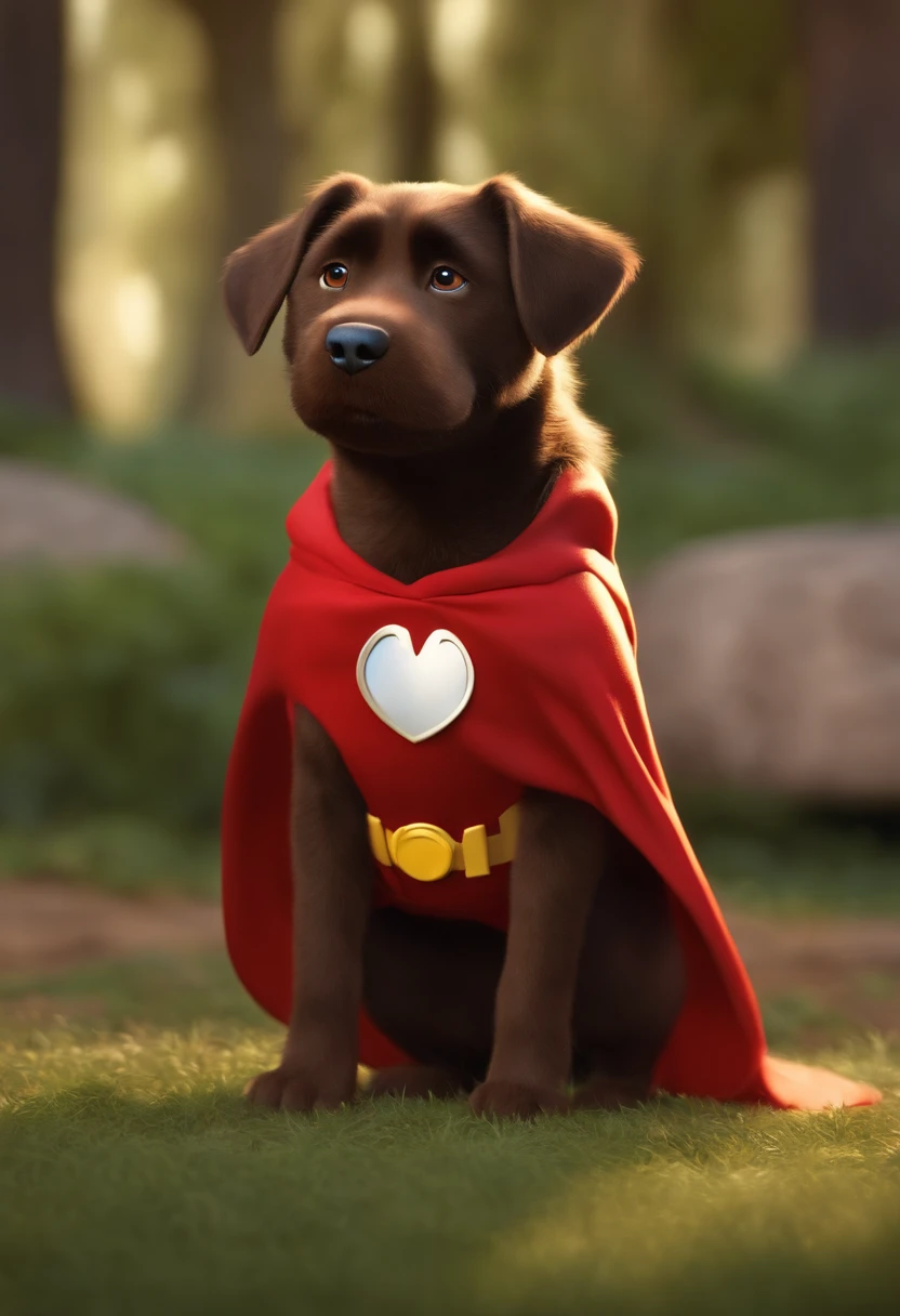 UMA PERSONAGEM INSPIRADA NA DISNEY PIXAR. IMAGEM DE UM CACHORRO MARROM COM ROUPA DE SUPER HEROI. ELE DEVE PARECER CORAJOSO E FORTE. VEMOS UMA CIDADE COM PREDIOS ALTOS AO FUNDO. A CENA DEVE ESTAR NO ESTILO DE ARTE DIGITAL DA PIXAR, focusing on the expressions of the characters, CORES VIBRANTES E TEXTURAS DETALHADAS.