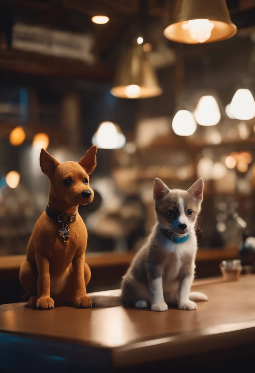 um cachorro e uma gato, Conhecido como cachorro e gato cyberpunks, bonitos, cachorrinhos, e cachorros bonitos, Gatinhos, e gatos bonitos. They sat together at the counter of a bar, vestindo roupas cyberpunks. They are cute in the style of 🍁 and 🍂, And it's the cutest of them all. They are known as the real-life Scooby Doo and Tom. The art style is cute dog and cat anime visual.