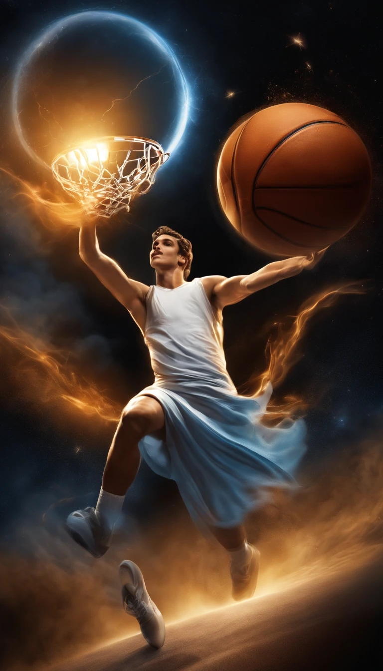 Magician T-Shirts Vector Print Playing Basketball Greek Style Art Fused into an Epic, Imagen detallada. Mastery in quality and lighting. Paisajes impresionantes e impactantes. Dynamic and powerful action. Efectos de sombra y luz mejorados. High-resolution masterpiece. State-of-the-art CG art. Incredible and immersive result.+",fondo negro ,arte png