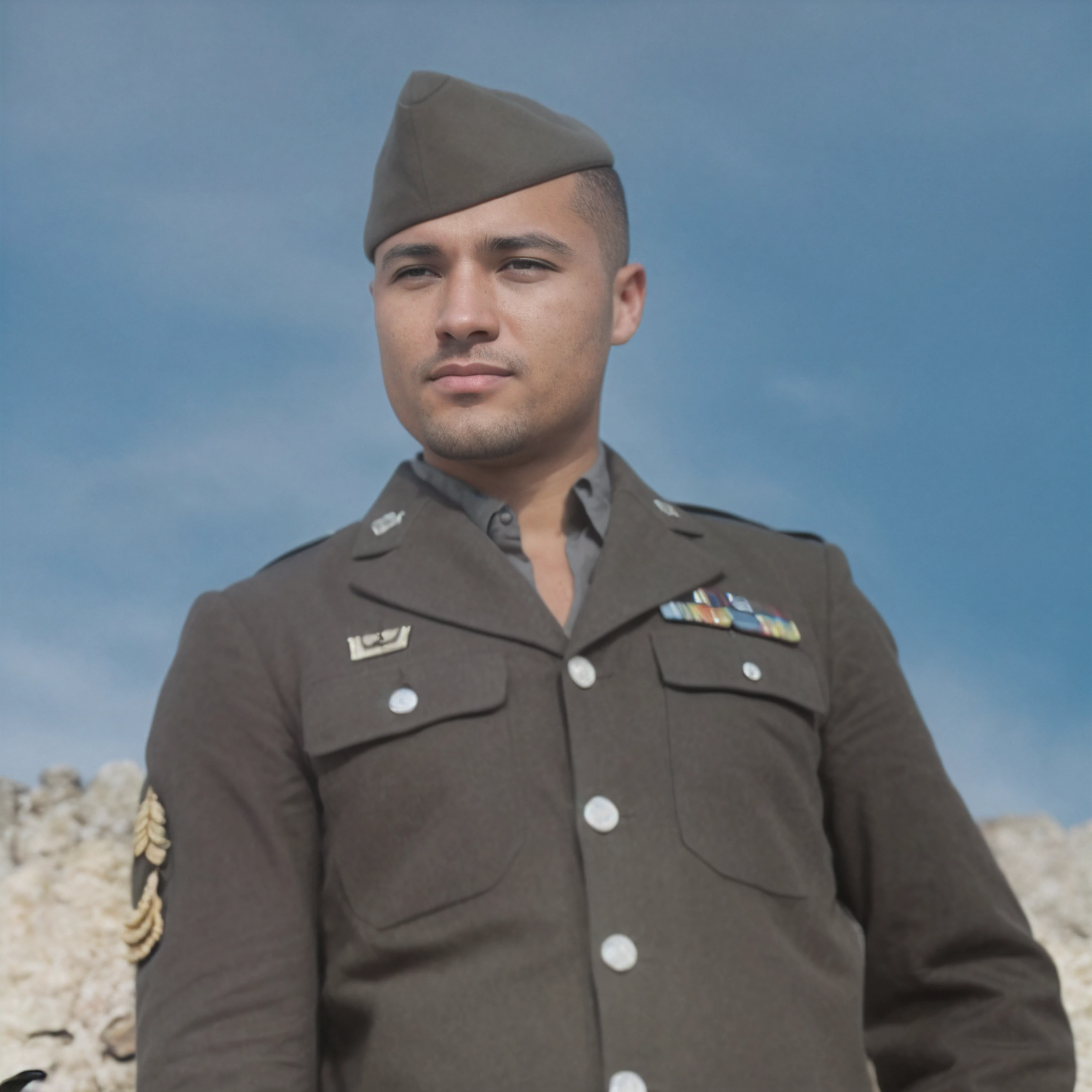 There's a light-skinned man in WW2 uniform, uniforme castanho e boina castanha, (camisa castanha e gravata amarela torrada), Silvered buttons, raw photo, amazing photograph, best quality, 8K, high quality, Ultra detailed, (best quality), (high detailed skin, full sharp:1.2), 8k uhd, dslr, detailed face