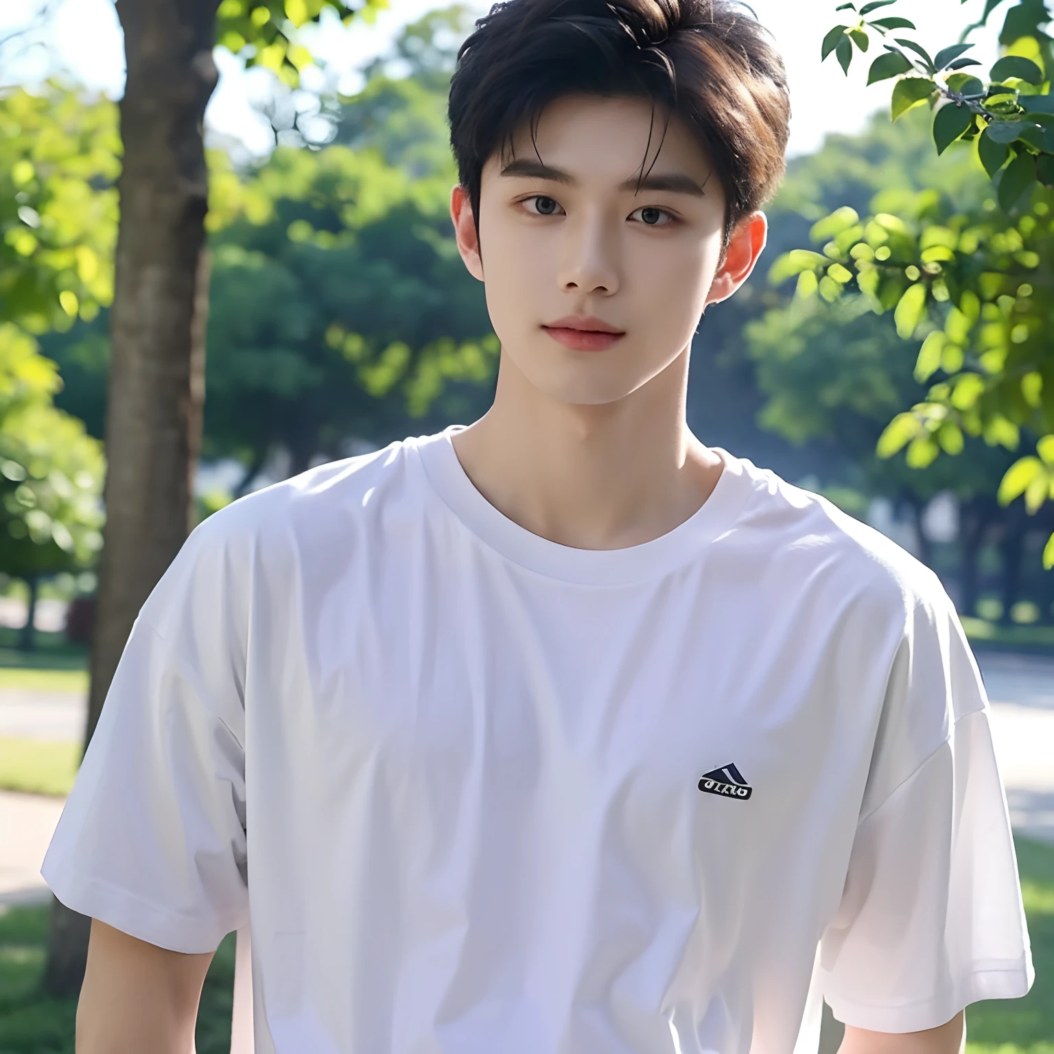 best qualtiy， tmasterpiece， （realisticlying：1.4）。A handsome young man，He has short black hair，Tall figure，dressed in a white t-shirt。The environmental background is the campus，There is sun shine。orthofacial。