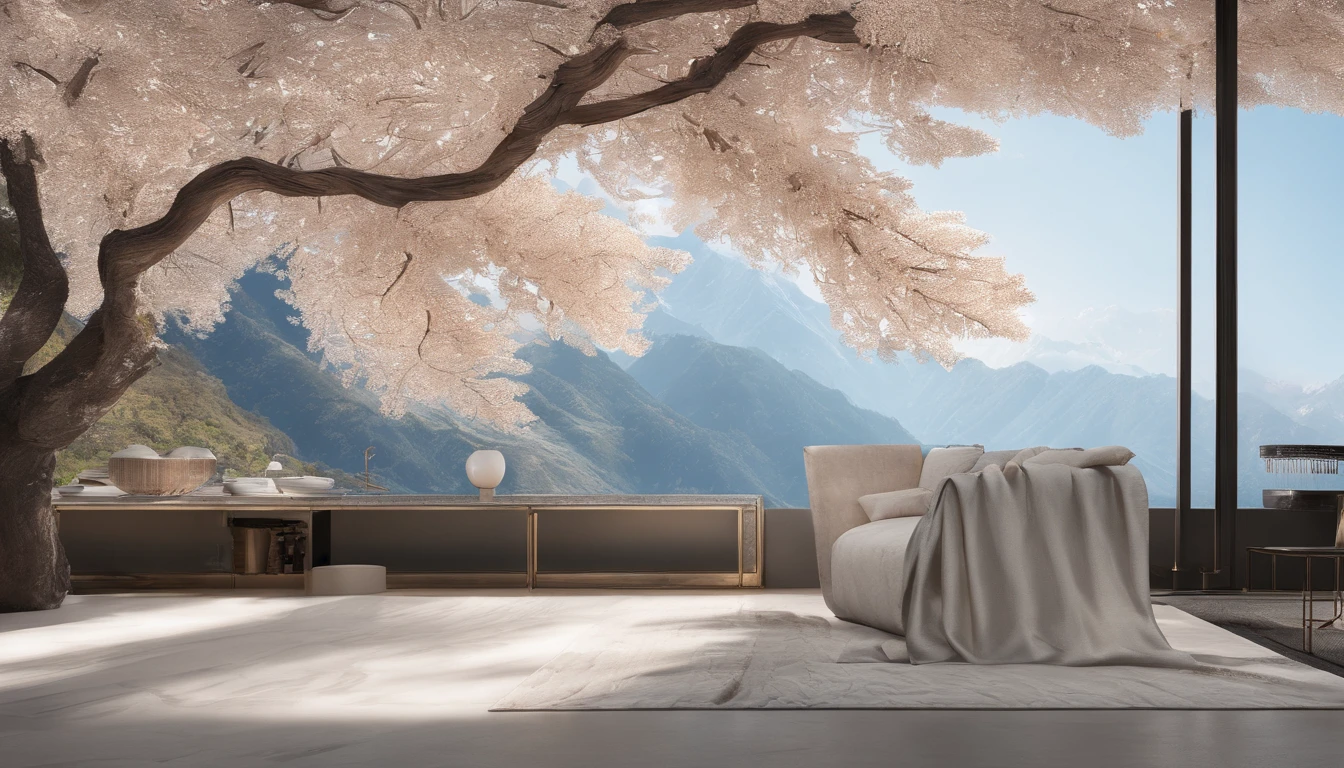 Laurel branches,Shot at a 15-degree elevation angle,Suitable for close-to-medium shooting,petals,Osmanthus flowers flying,Top daylight,Refreshing style,Snowy mountains in the distance,Ultra-clear image quality